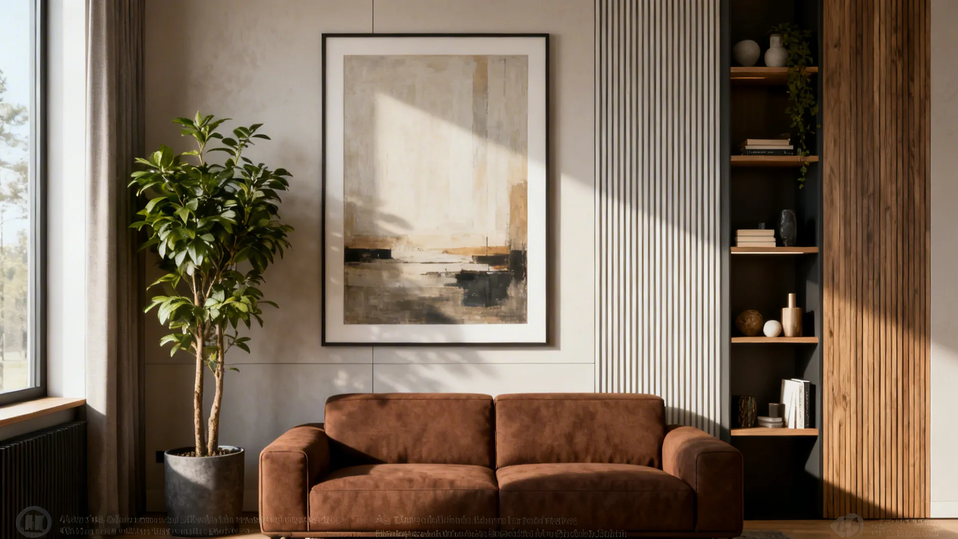 Brown sofa anchored by a gallery wall and slim vertical shelving with tall plant