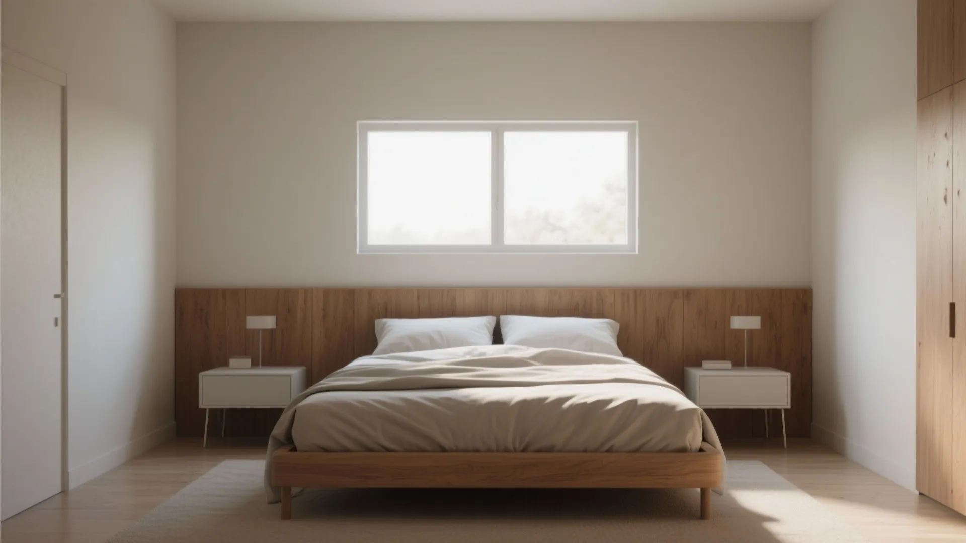 Small bedroom with bed anchored to the longest wall, centered under a window and clear walkways