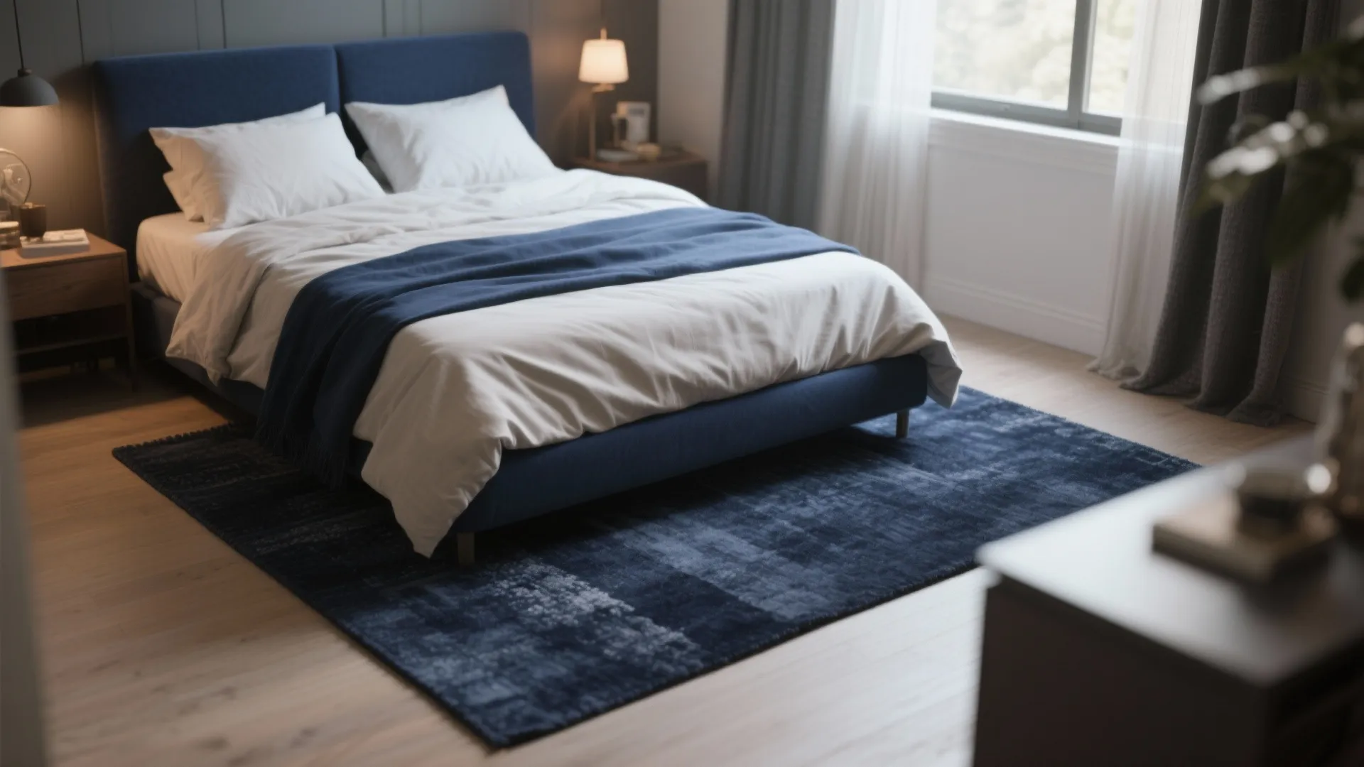 Modern bedroom featuring a navy blue bed with white bedding and a matching dark rug