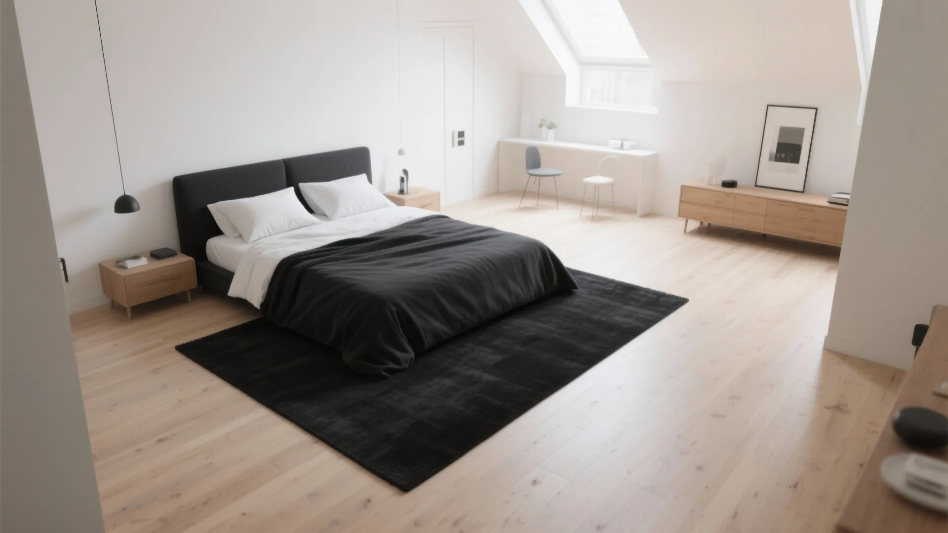 Open-plan bedroom with a black rug placed under the bed to define the sleeping zone