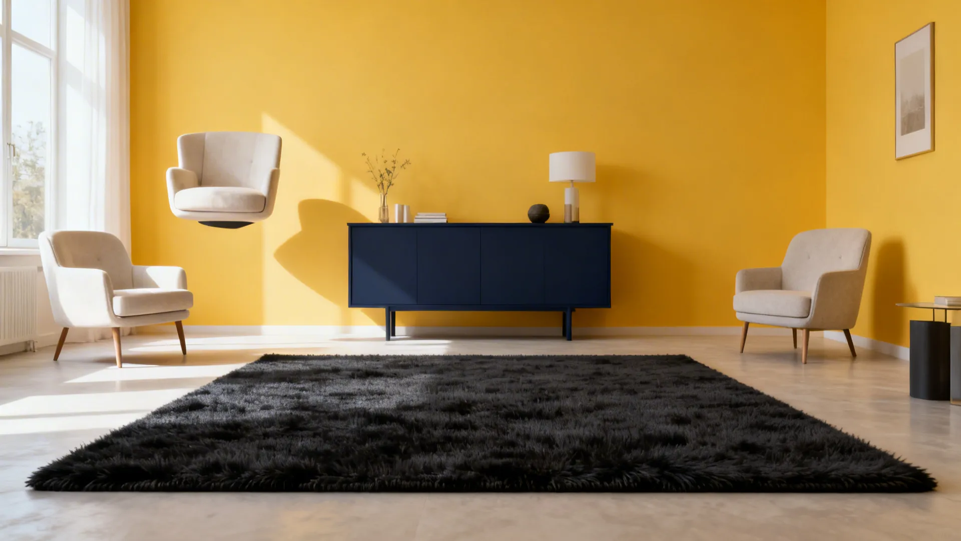 Before-and-after of marigold room showing how a charcoal rug and navy console provide visual grounding.