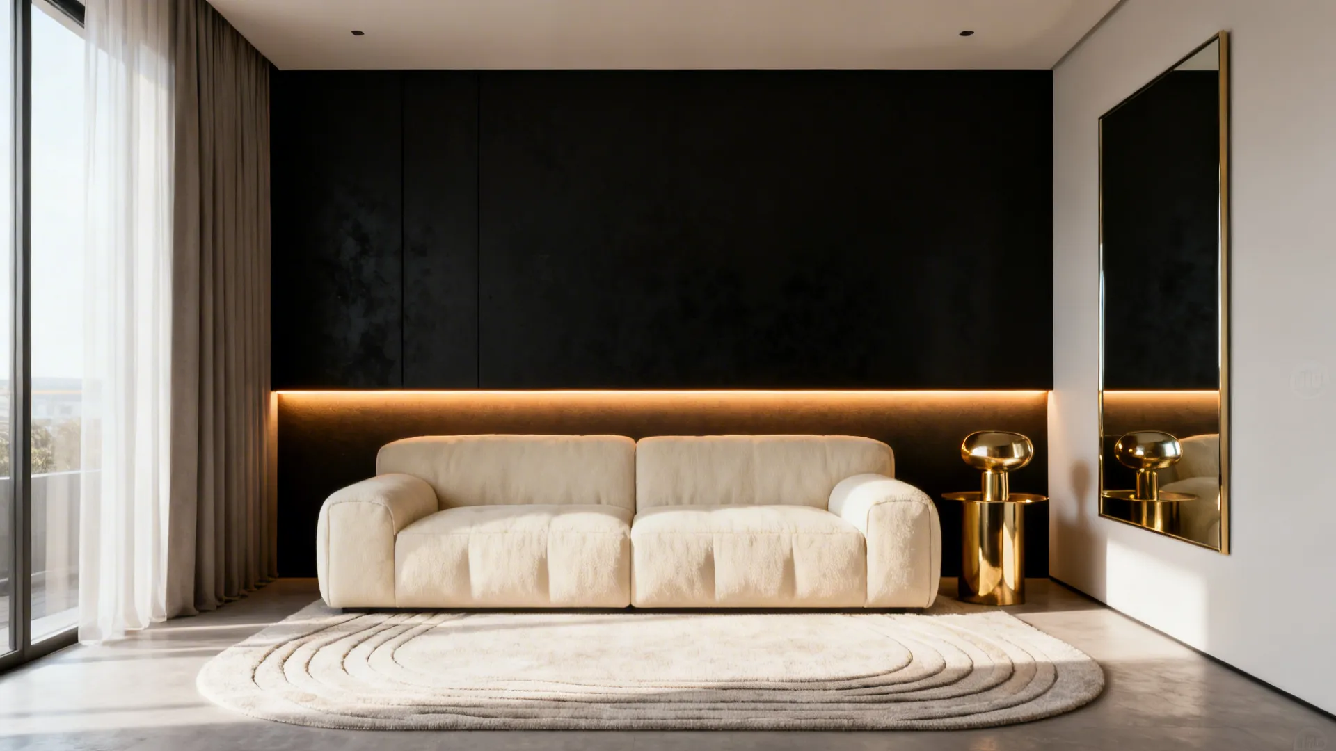 Black accent wall behind a cream sofa with brass mirror and warm LED lighting
