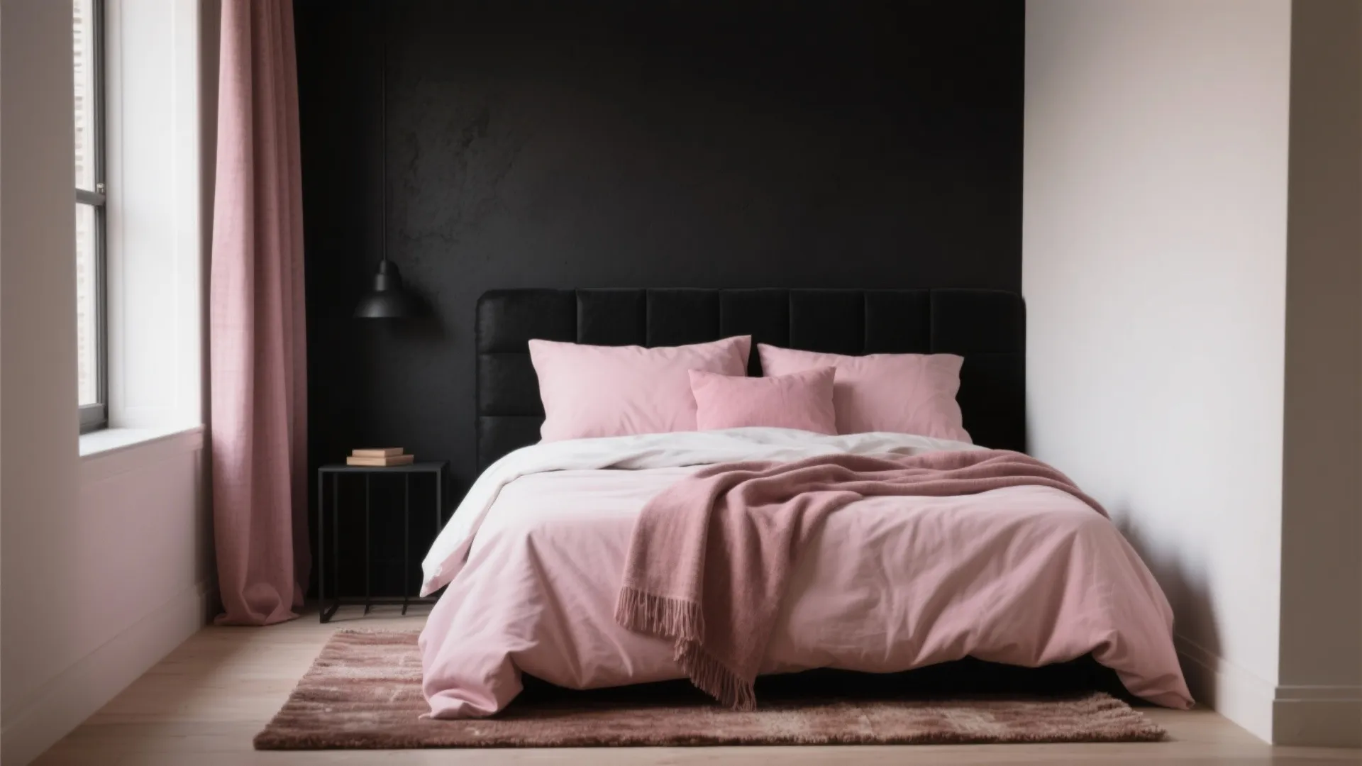 Modern bedroom featuring black wall behind pink bed with matching curtains and a small table