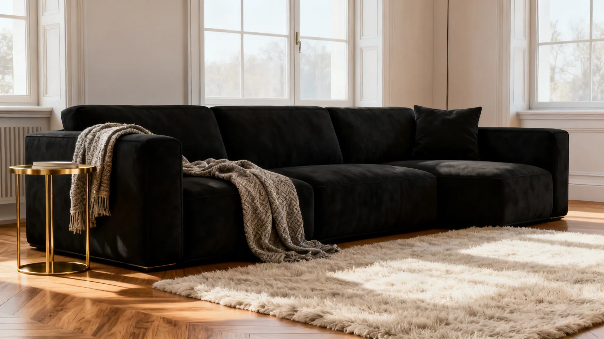 Black statement sofa styled with warm wood and brass accents in a cozy living room