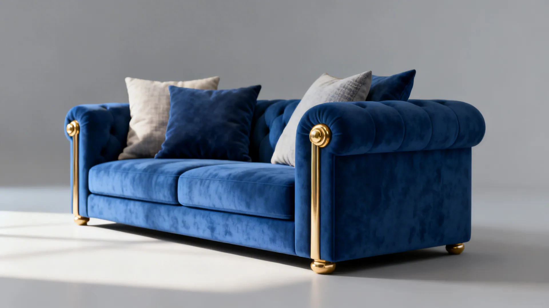 Royal blue sofa placed against a soft grey wall with brass details and layered cushions