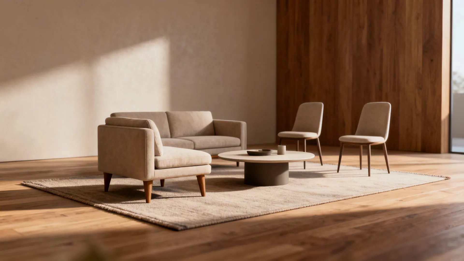 Studio living room where a 5x7 rug anchors a two-seater sofa and two chairs, creating a cozy conversation zone.