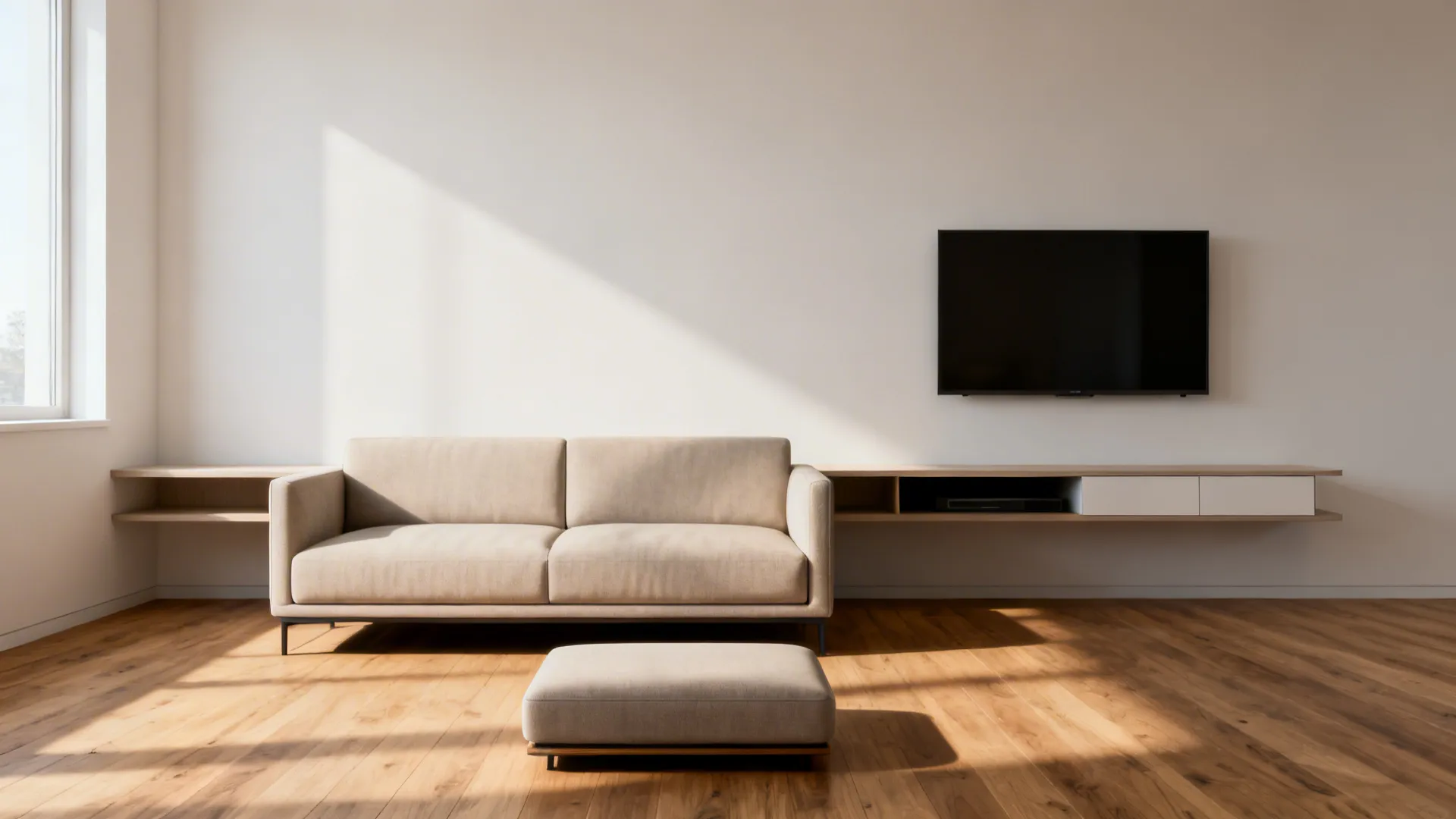 Slim sofa against a wall with a floating console and hidden storage ottoman in a small living room.