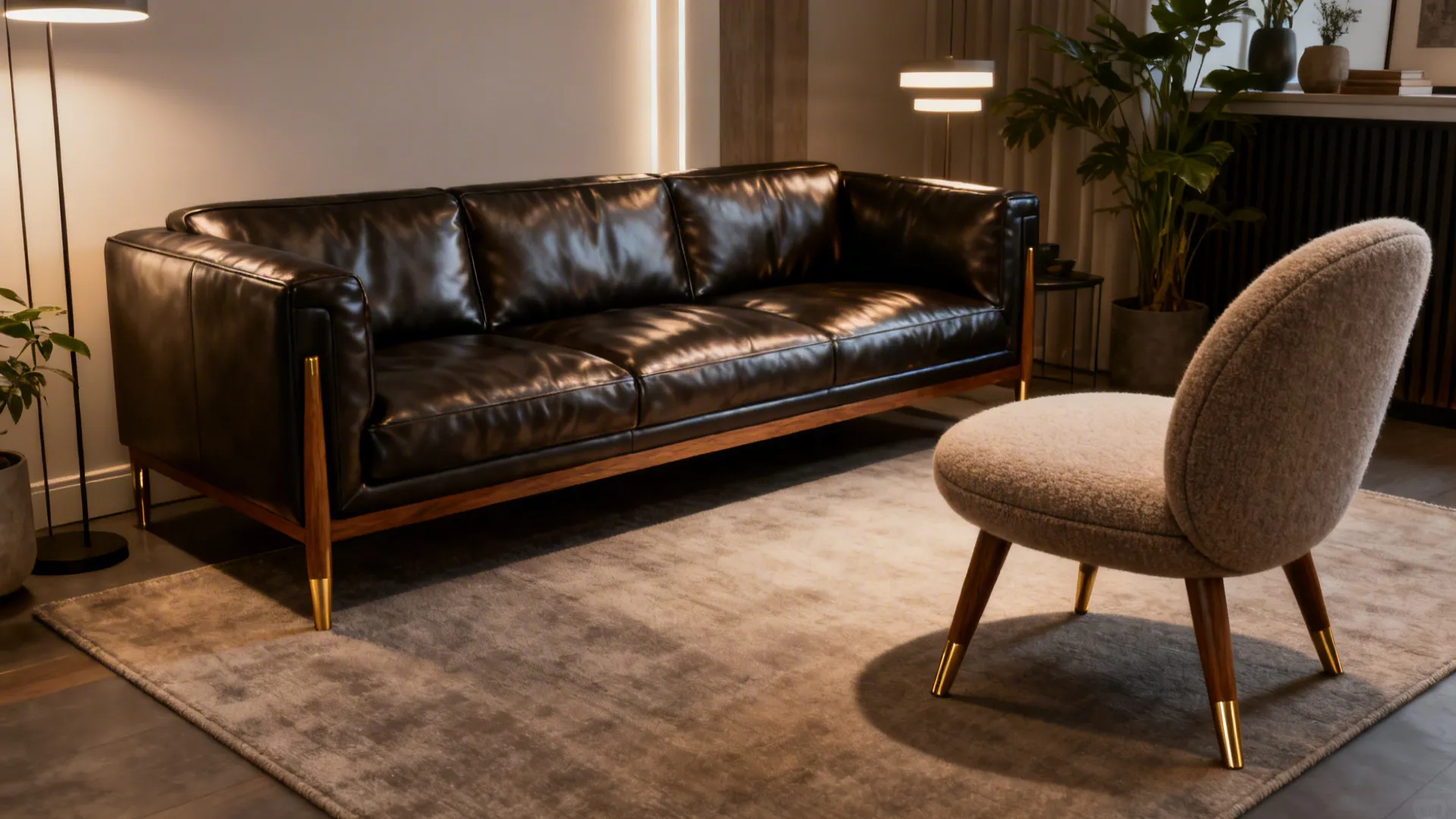 Small living room where leather and mid-century fabric pieces share repeated brass leg details