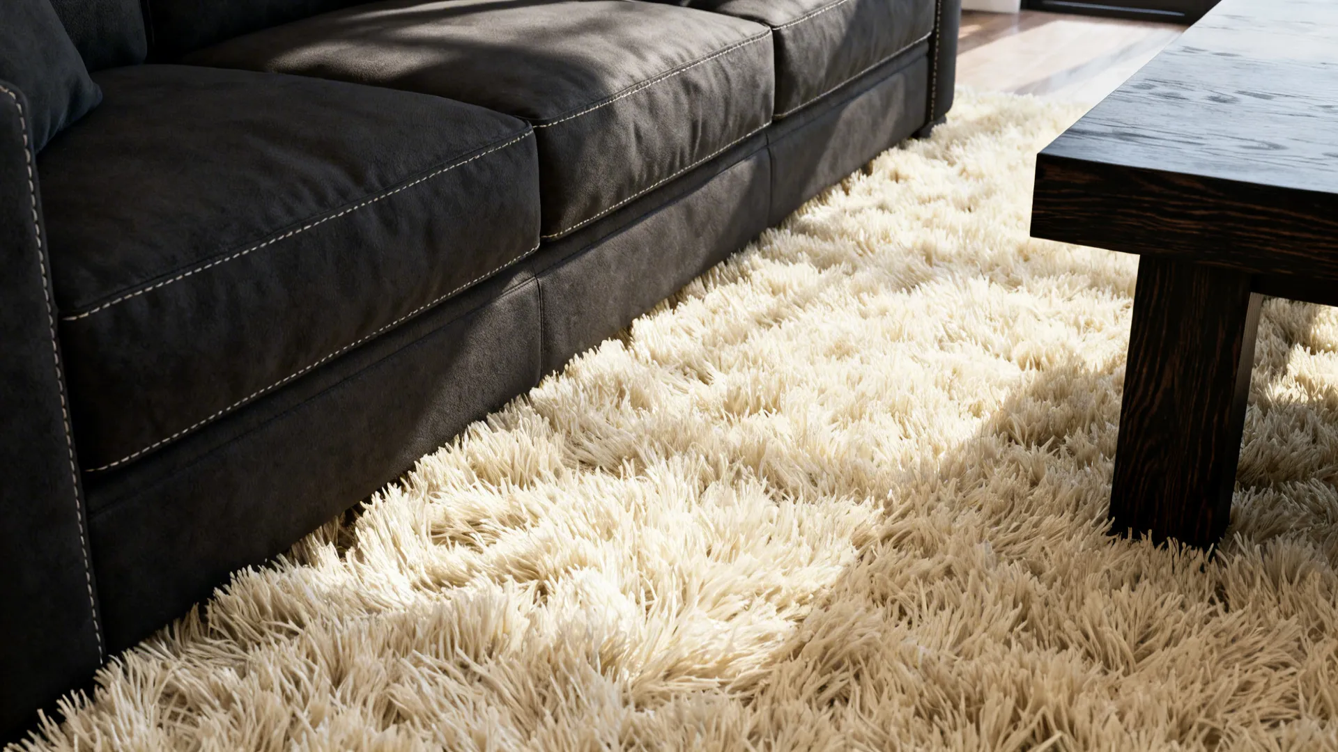 Close up of a dark grey sofa and wooden coffee table on a white rug