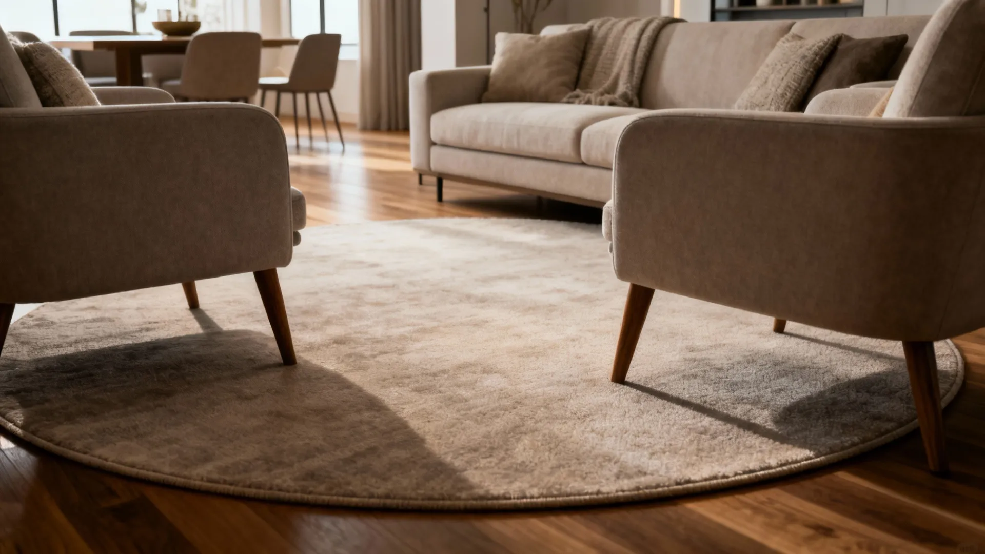 Open-plan living area with a round rug anchoring sofas and chairs to form a conversation zone.