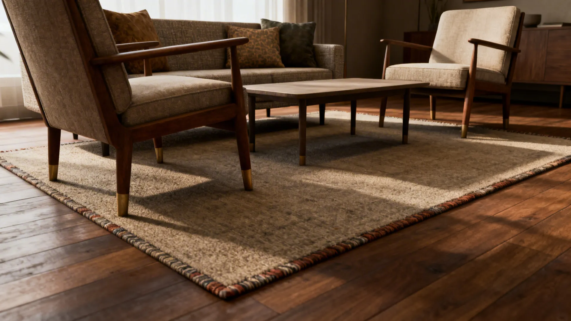 Living room interior with wooden armchairs coffee table large rug grey sofa and dark floor