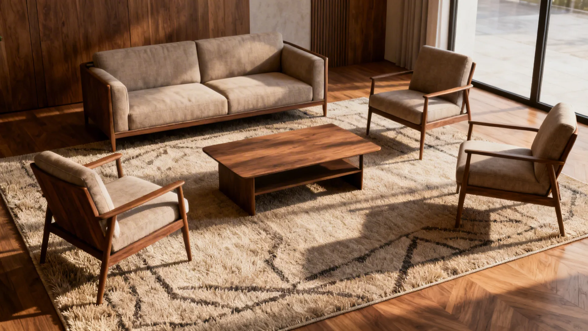 Modern living room with sofa and two chairs placed on a textured beige rug area