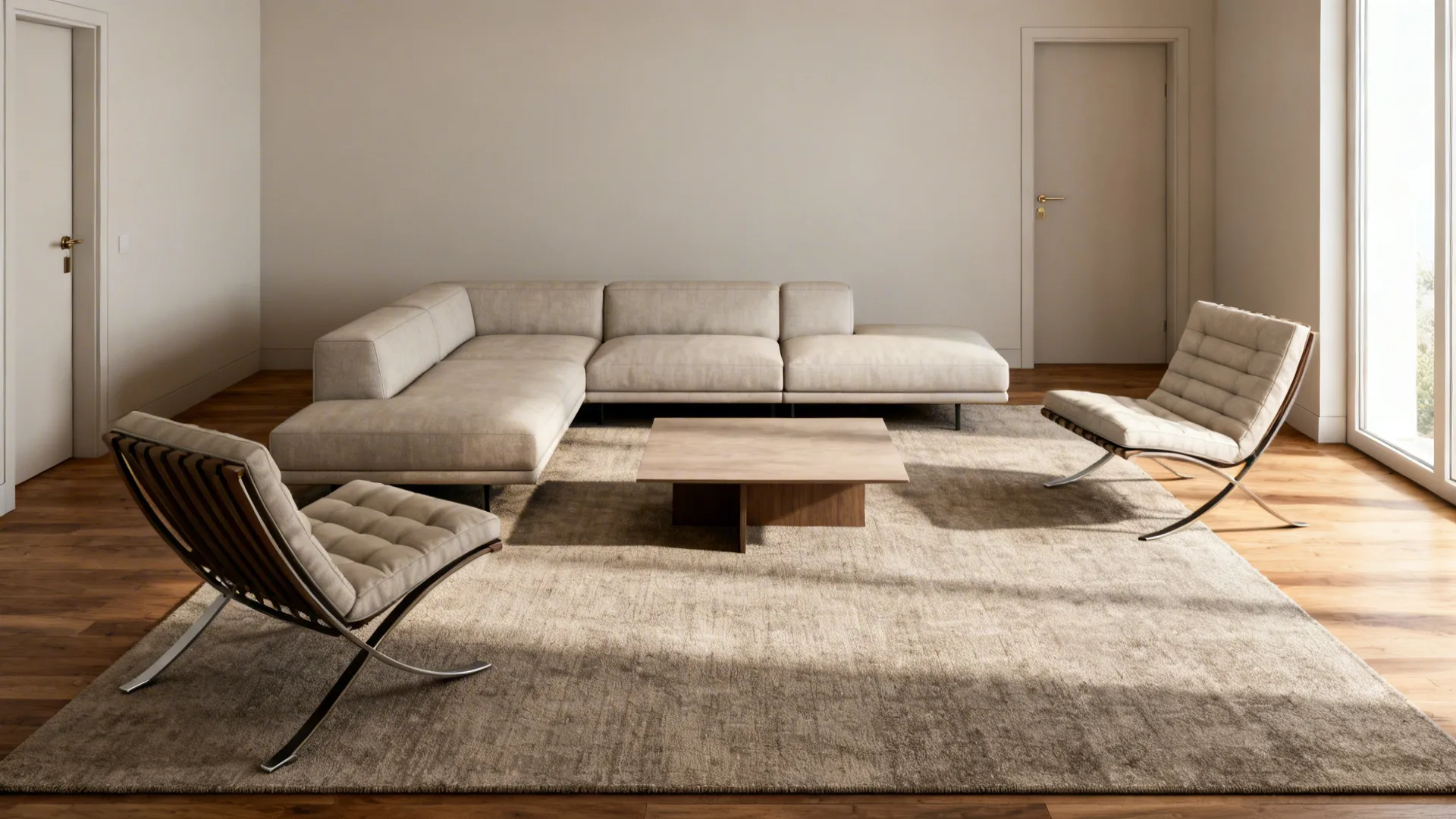 Conversation zone defined by a 10x12 rug with sofa and chairs having front legs on the rug.