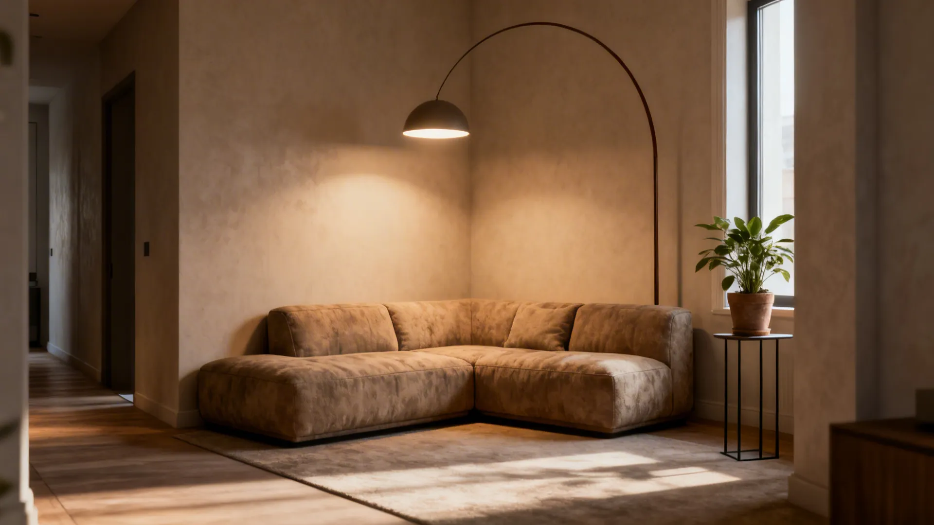 Corner-anchored L-shaped sofa with a tall floor lamp and clear pathway in a studio.