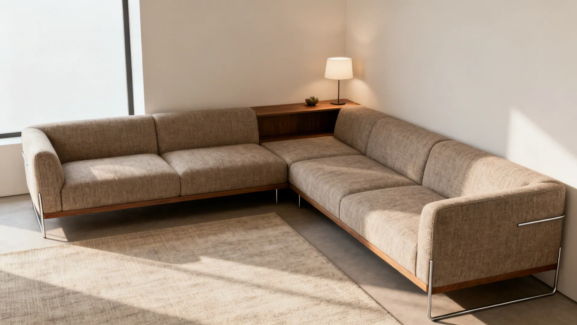 Small living room showing an L-shaped sofa placed in the corner with a slim console behind it and clear central pathway.
