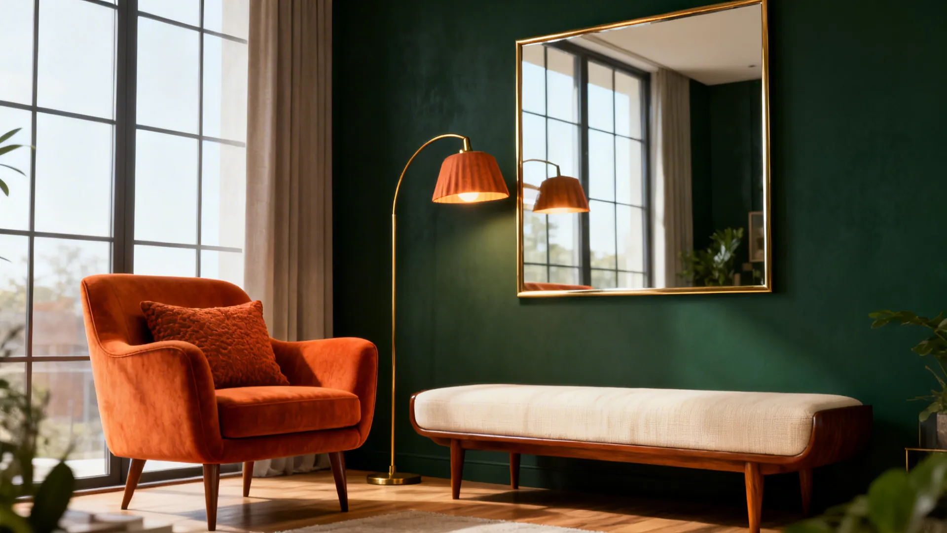 Feature wall painted deep green with a burnt orange chair and brass lamp to brighten the space.