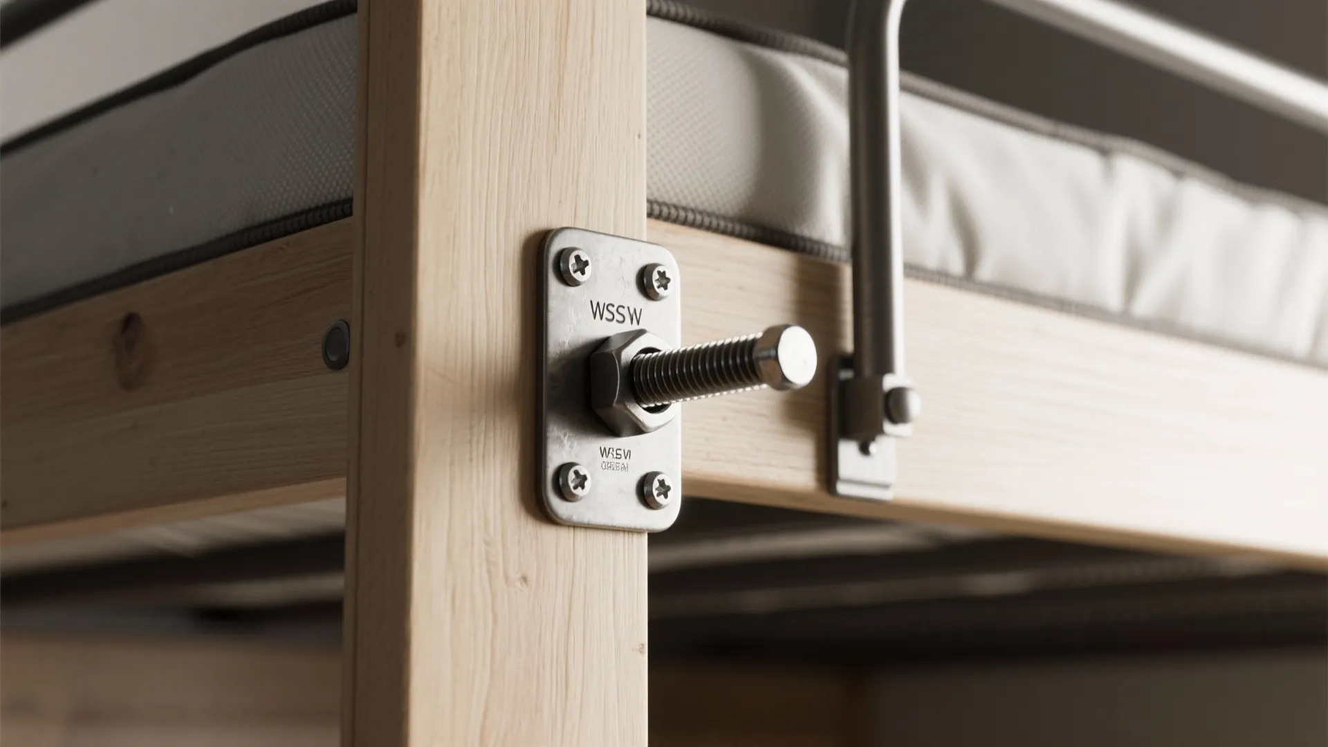 Macro detail of a loft bed wall anchor, safety rail, and low-profile mattress edge