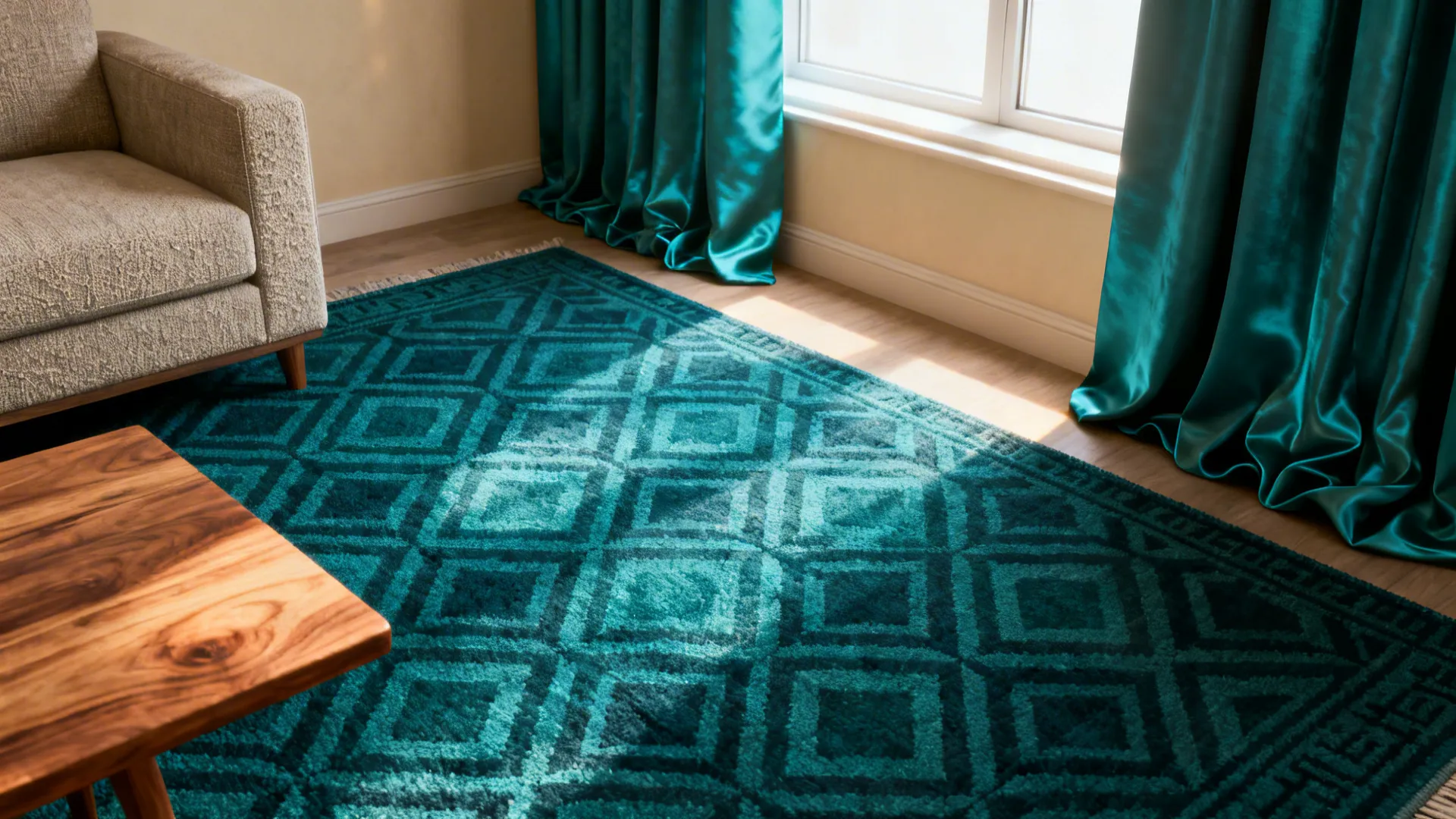 Studio living room anchored by deep teal curtains that pick up a rug's dominant color.