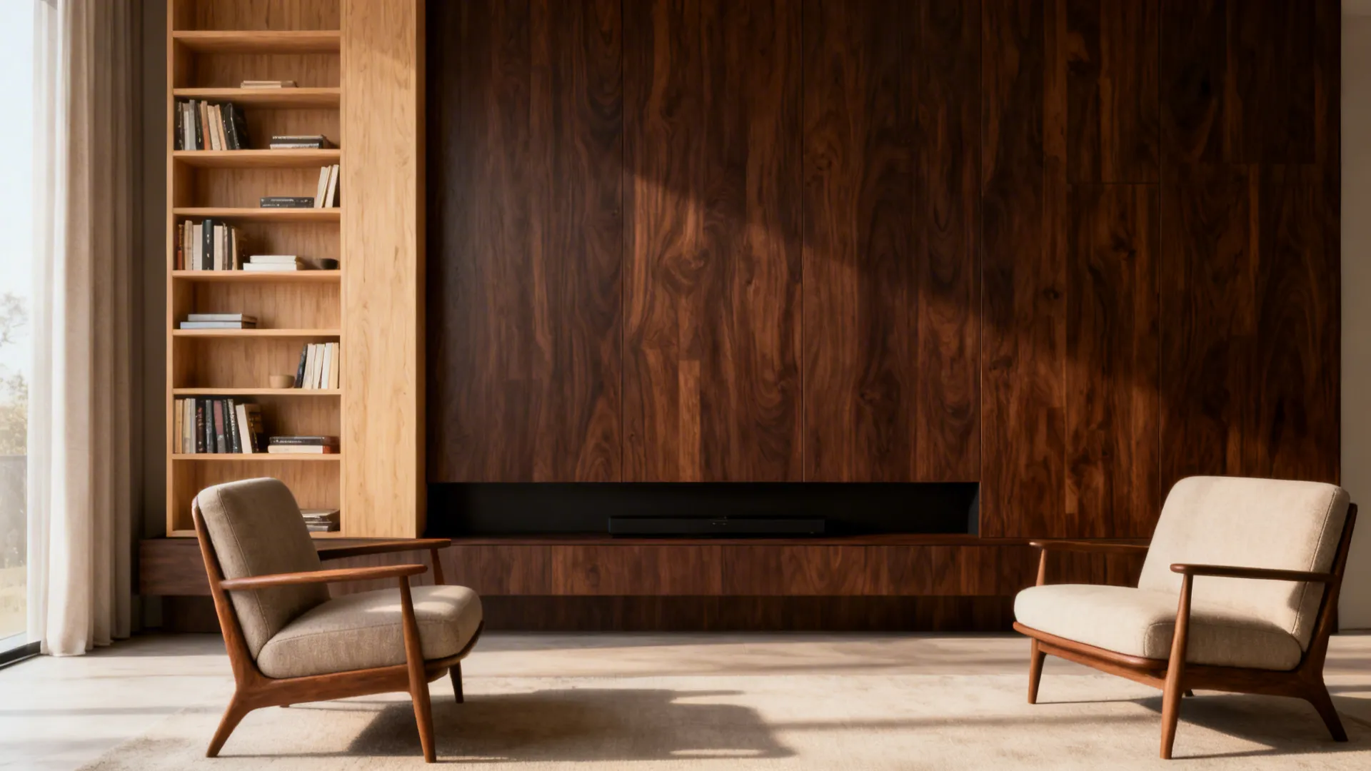 Modern living room with dark wood wall panels, light wood bookshelf, two armchairs, and rug