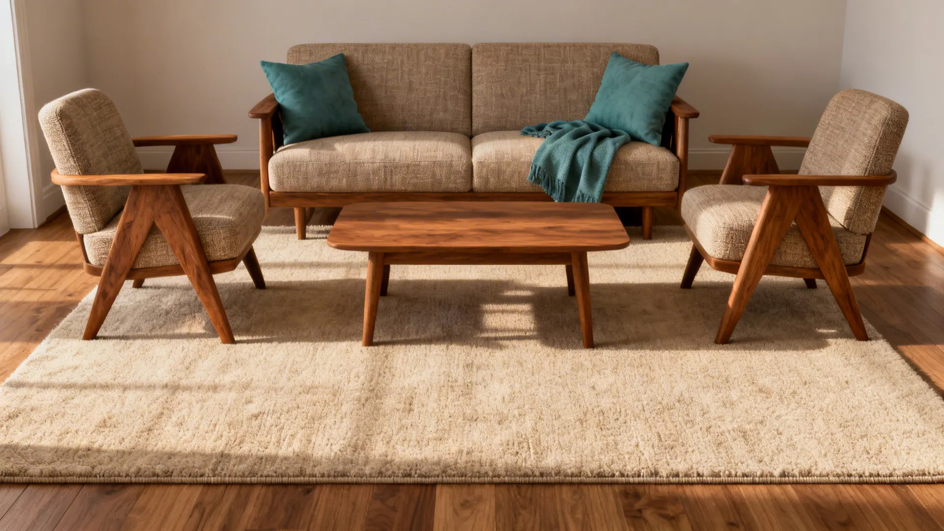 Small living room where all seating legs rest on a large rug, creating a unified seating area.