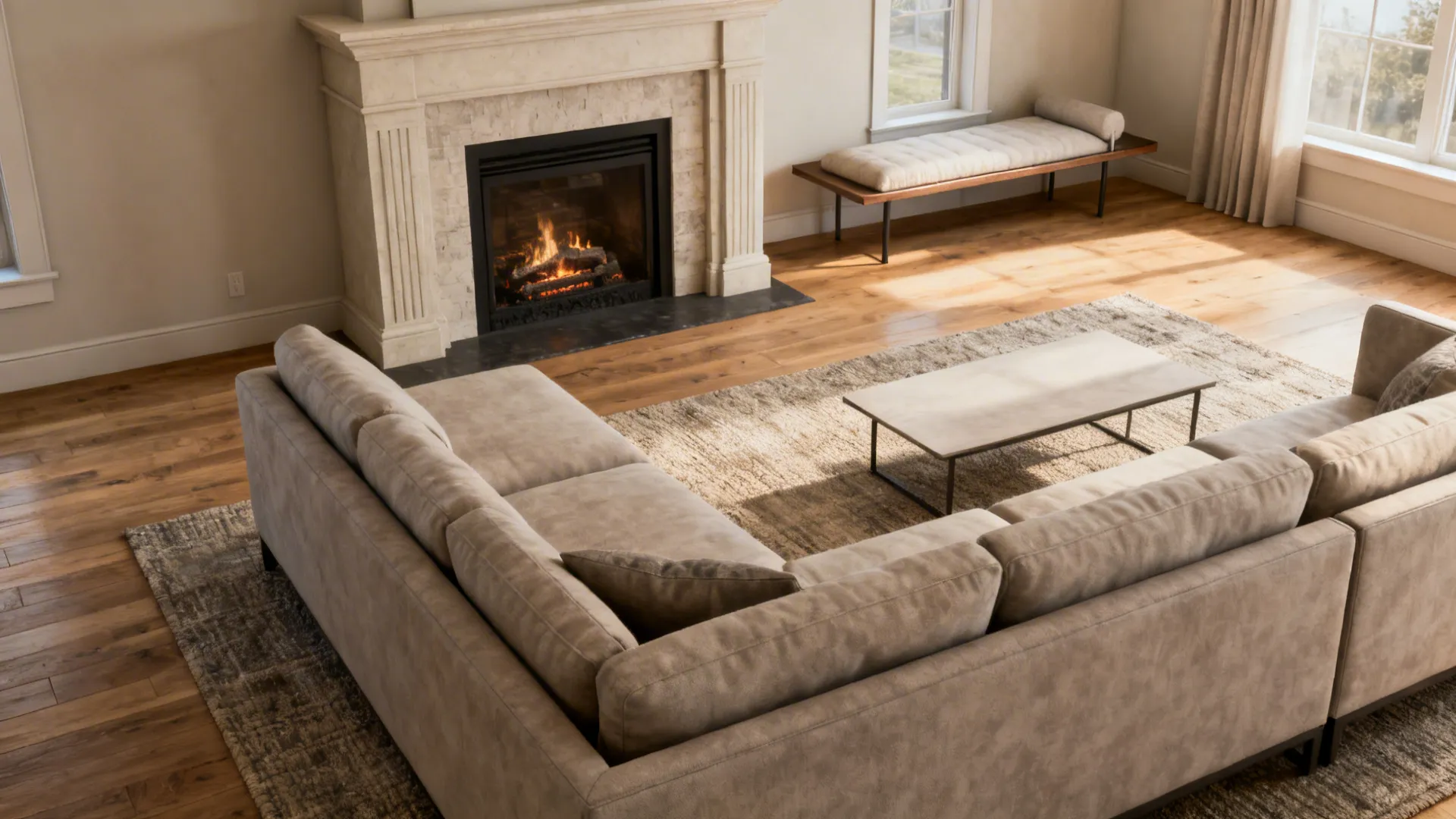 Sectional angled toward a fireplace with a clear walkway behind and a slim console behind the chaise.