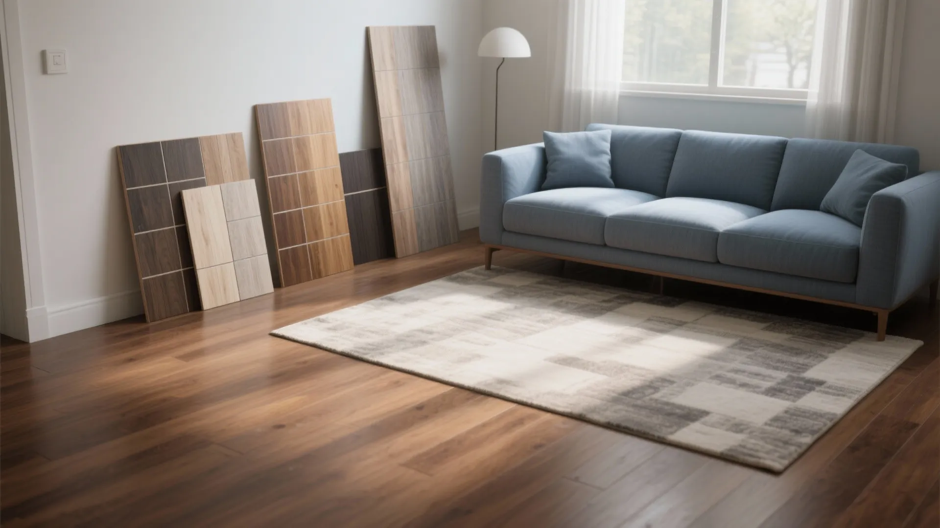 1. Anchor with a warm brown floor and grey-blue upholstery