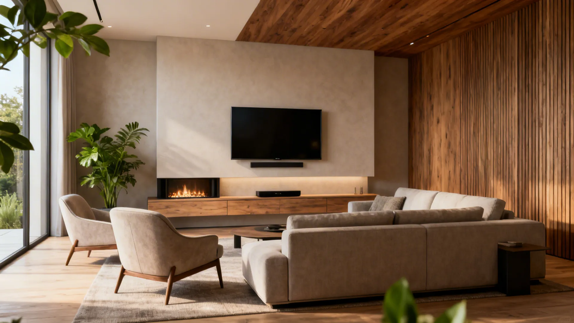 Living room anchored by a focal wall with TV/fireplace, sofa and chairs arranged in a conversational triangle.
