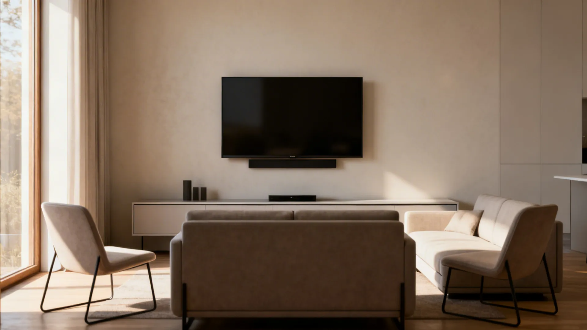 Small living room with seating anchored to a wall-mounted TV and clear circulation paths.