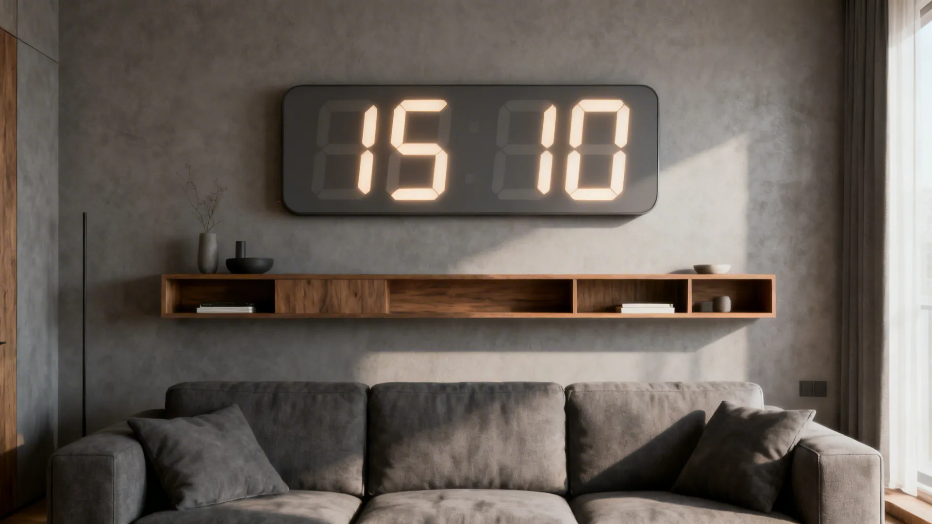 Feature wall with an oversized dimmable digital clock above low shelving and a sofa