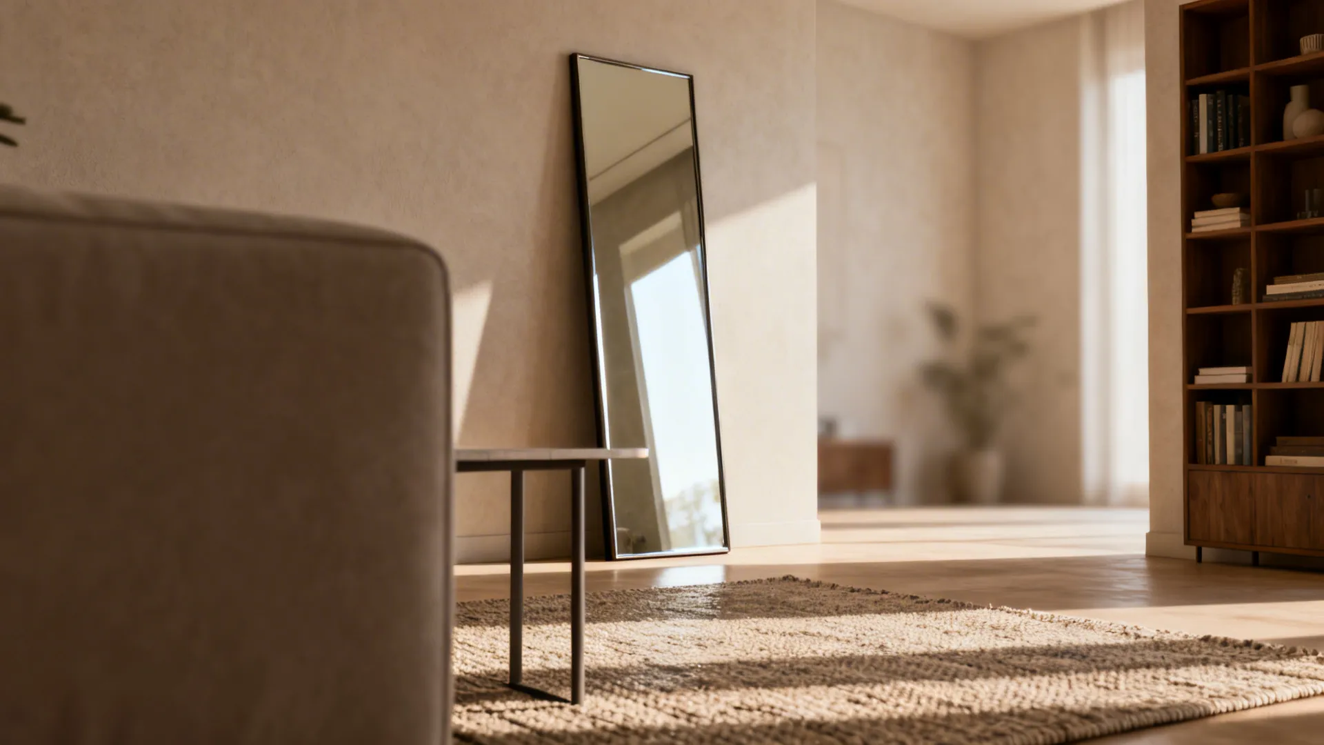 1. Anchor a focal wall with a statement floor mirror