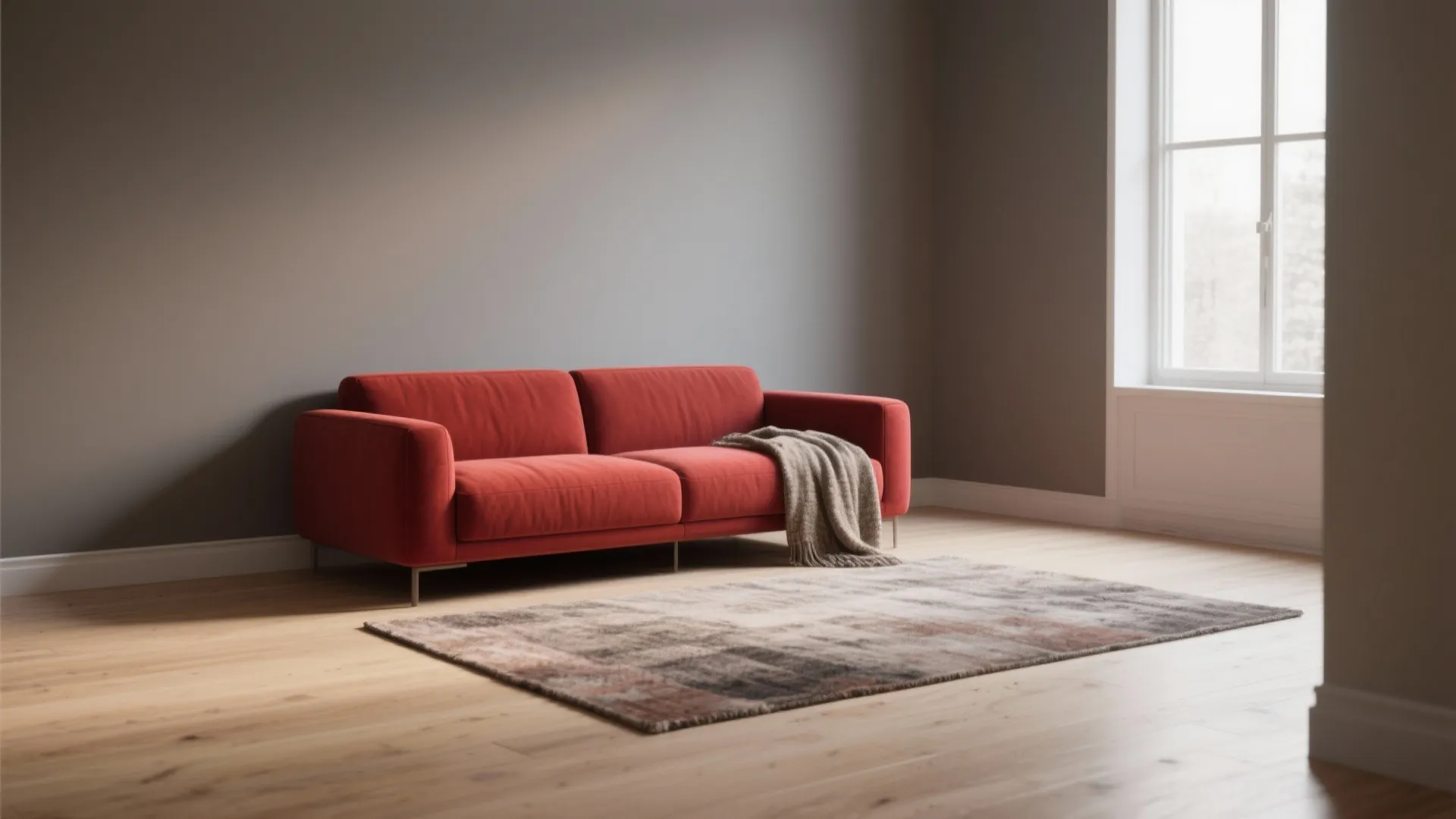 1. Anchor with warm gray walls and a red focal sofa