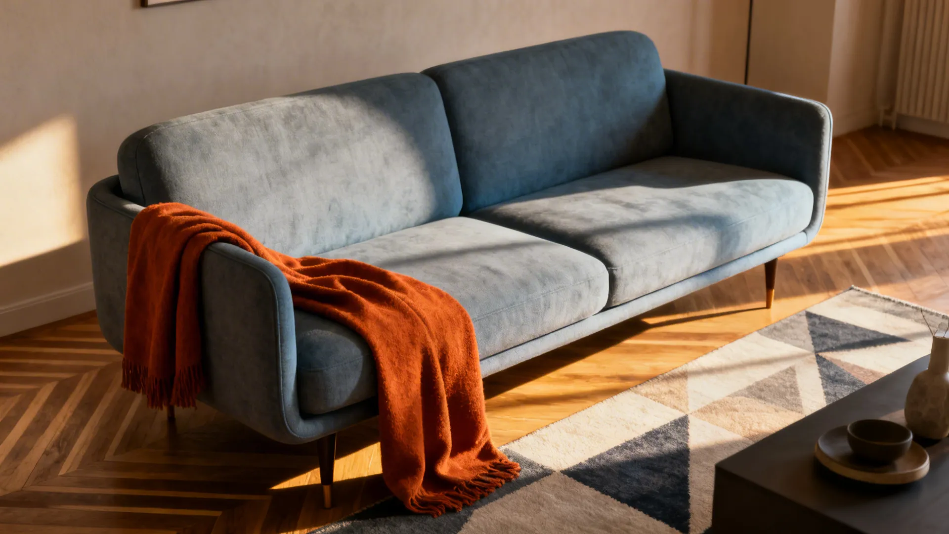 Cool grey-blue sofa with a single burnt-orange throw in a sunlit small living room