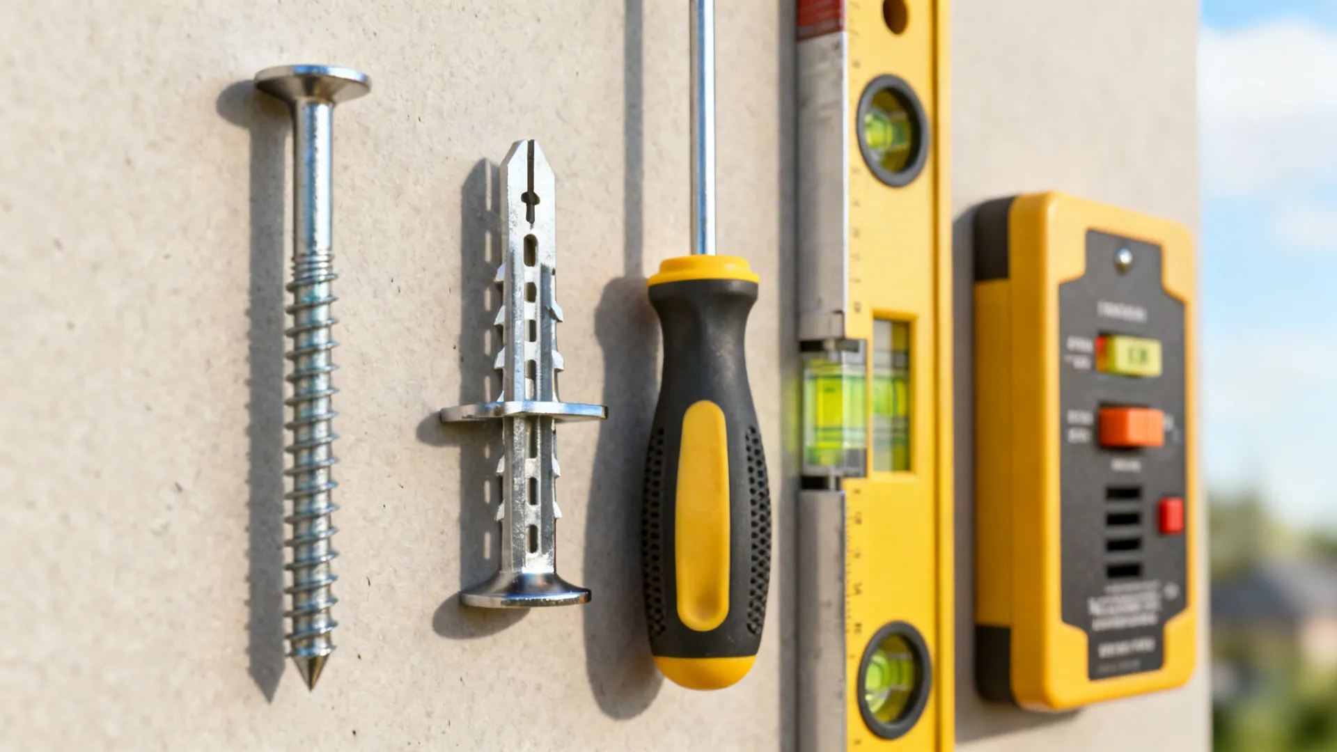 Metal screw plastic wall plug screwdriver yellow spirit level and wall sensor on a surface