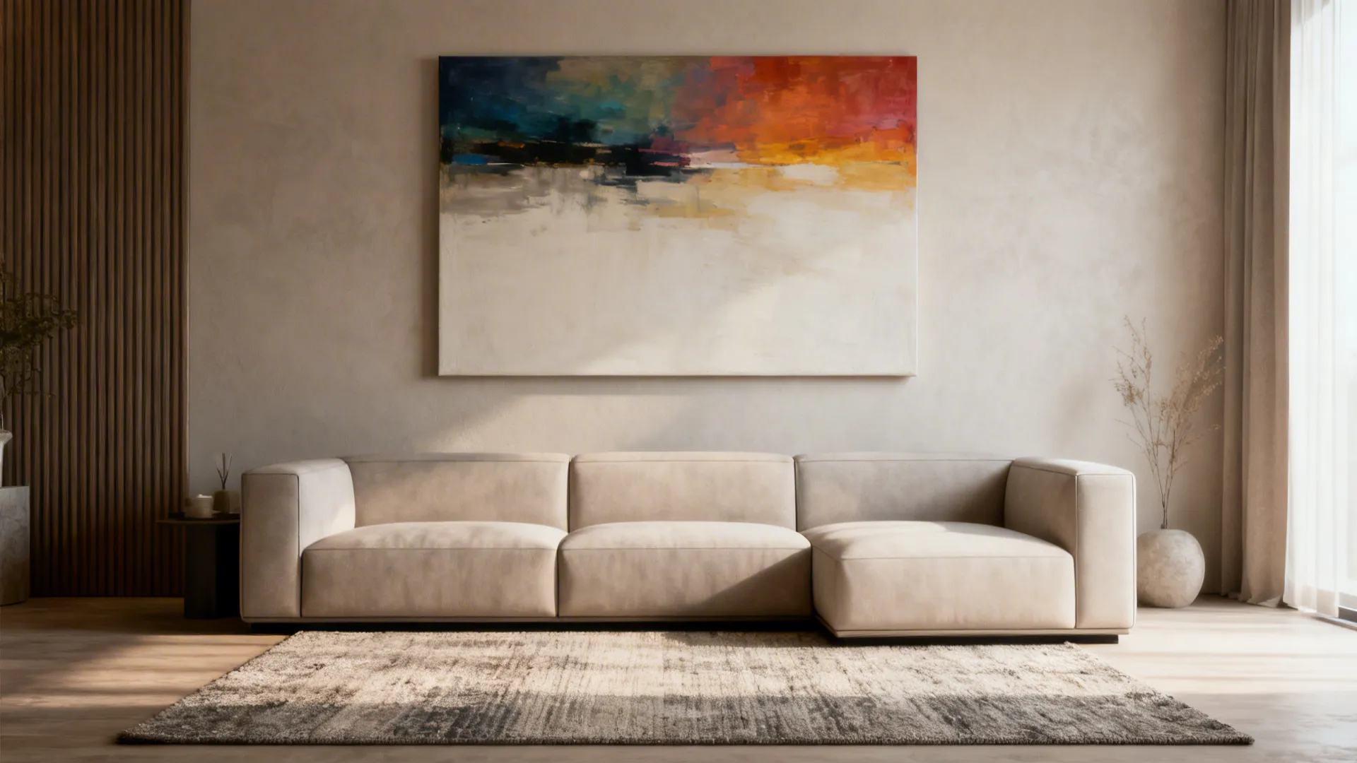 Living room wall anchored by one large-scale art piece above the sofa with balanced proportions.
