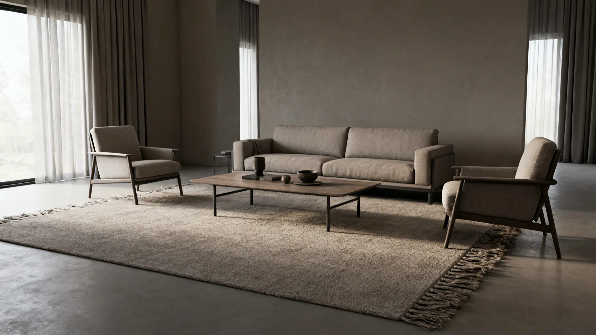 Spacious living room with a large neutral rug sitting under sofa, chairs, and coffee table.