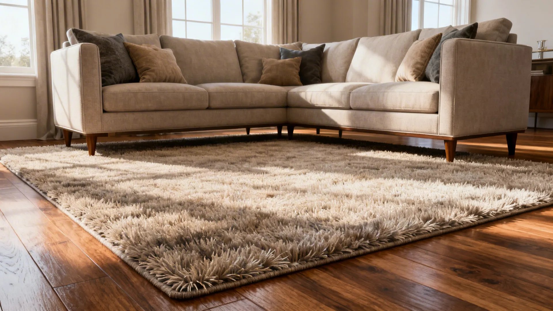 Living room with an 8x10 rug holding all furniture legs to create a unified seating area