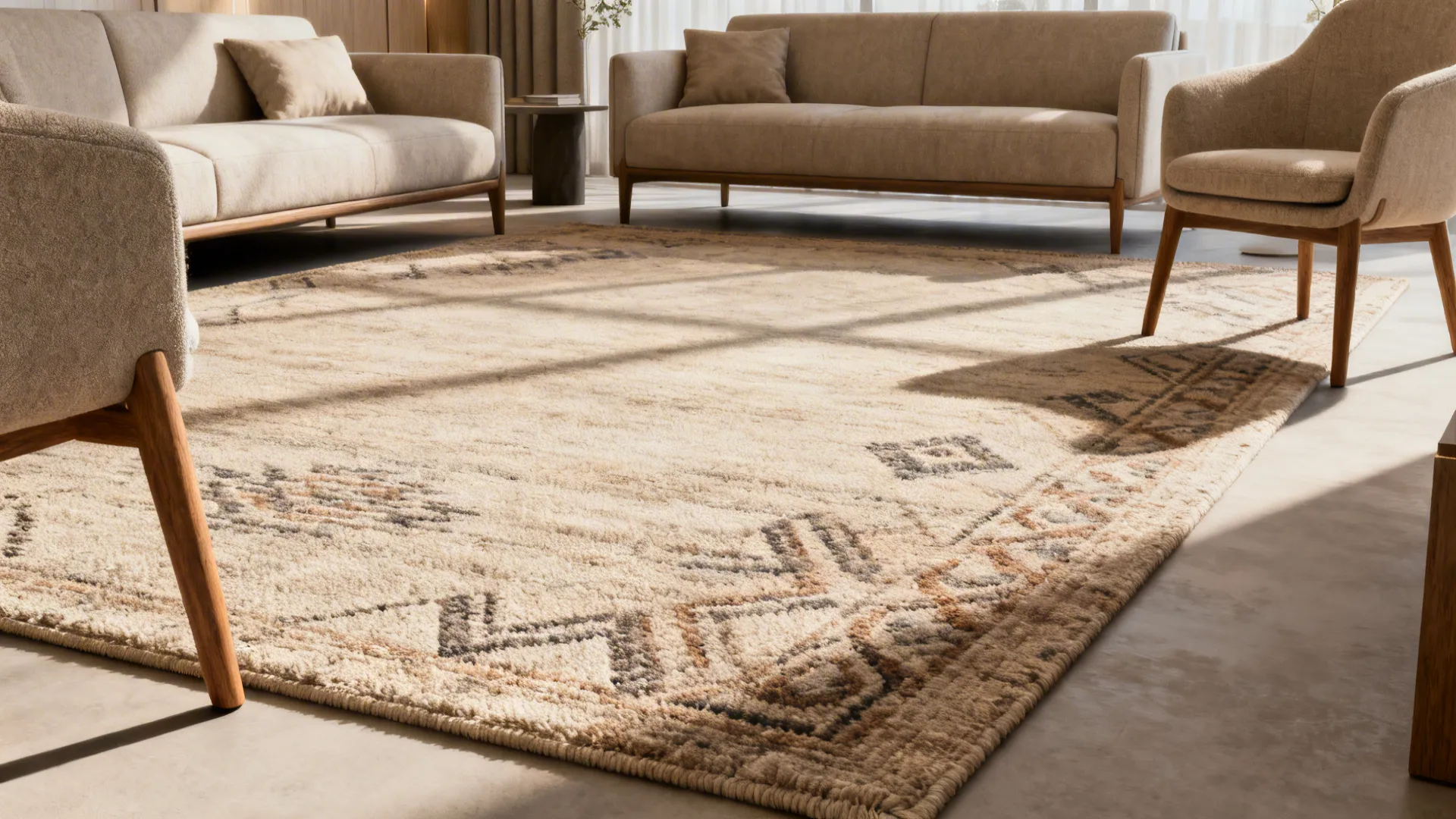 Medium living room with a large rug placed under all furniture to anchor the seating