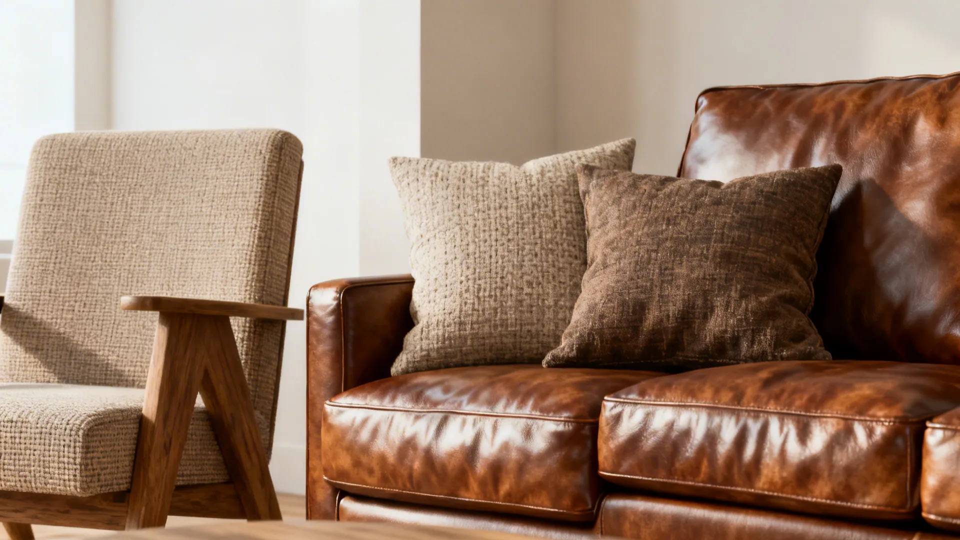 Leather sofa paired with a soft fabric armchair and textured cushions