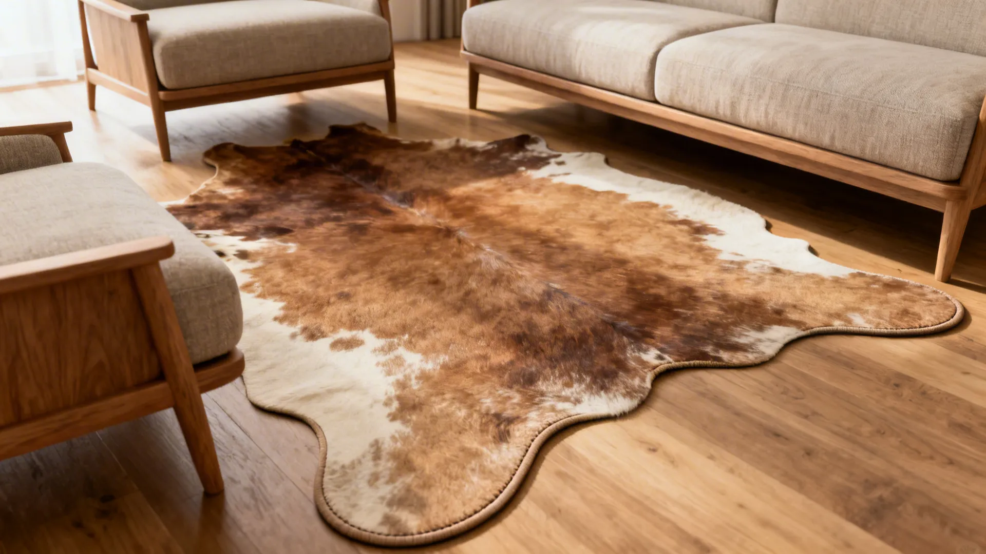 Compact seating group anchored by a cowhide rug with visible wood flooring around furniture.