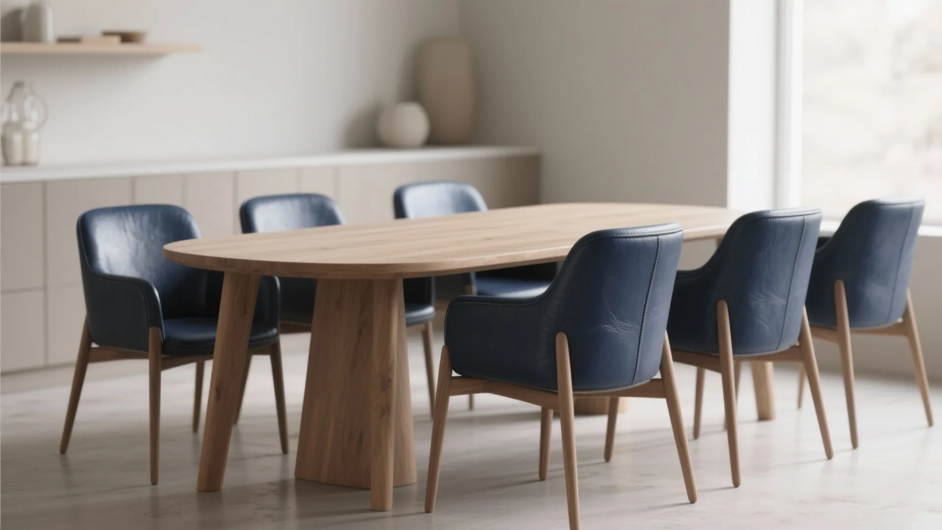 Neutral beige dining area with deep navy leather chairs and a light oak table