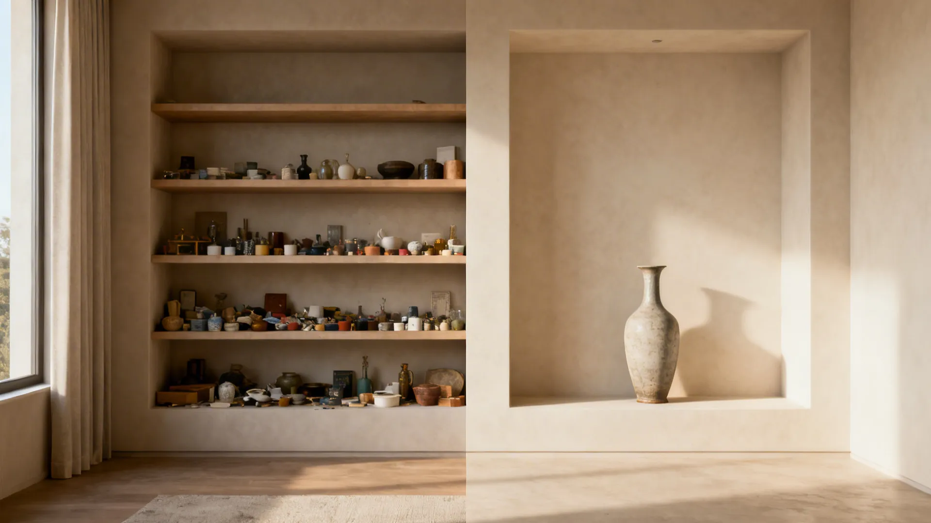 Before-and-after built-in shelf: cluttered versus anchored by a tall vase with negative space.