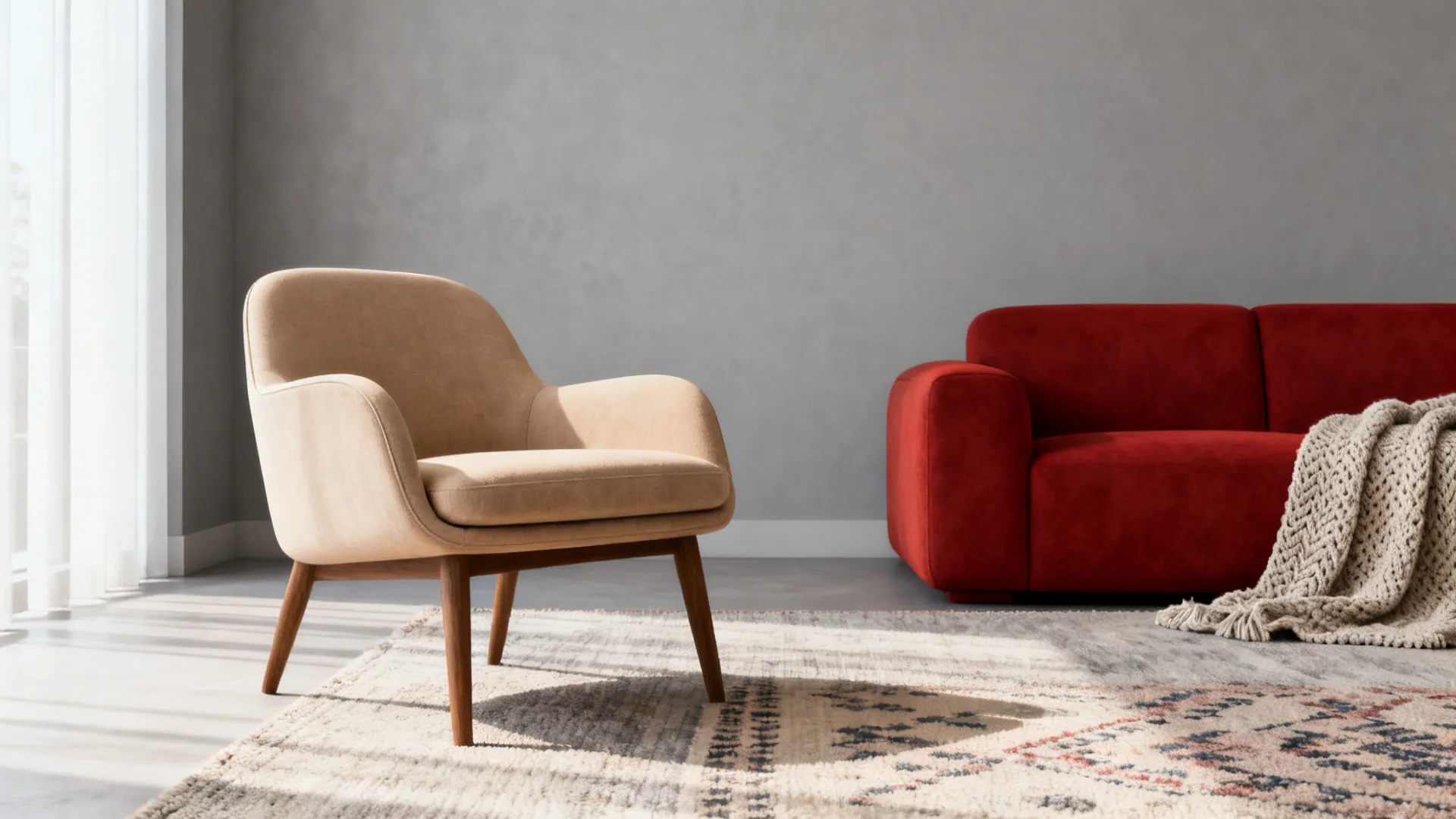 Red sofa staged against soft grey walls with textured rug and breathable textiles.