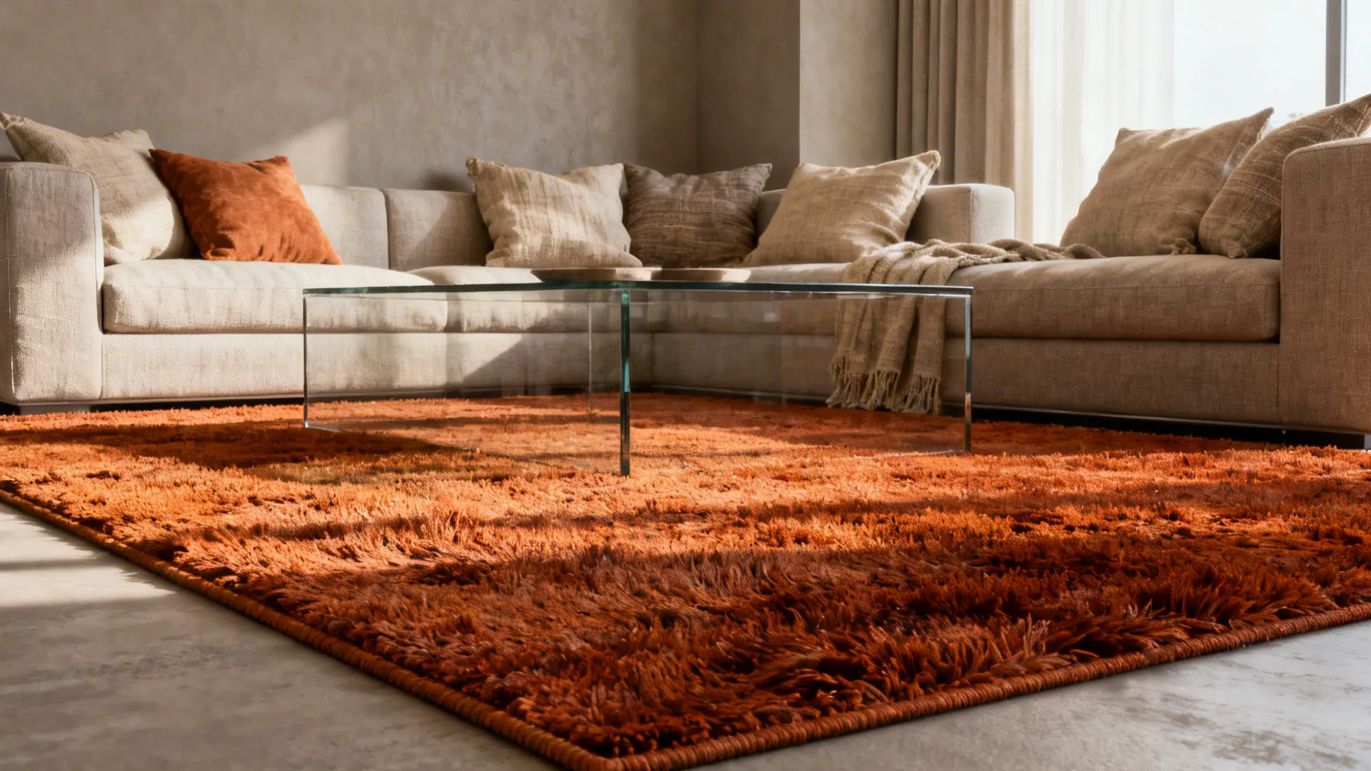 Neutral greige living room anchored by a textured burnt orange rug and linen cushions.