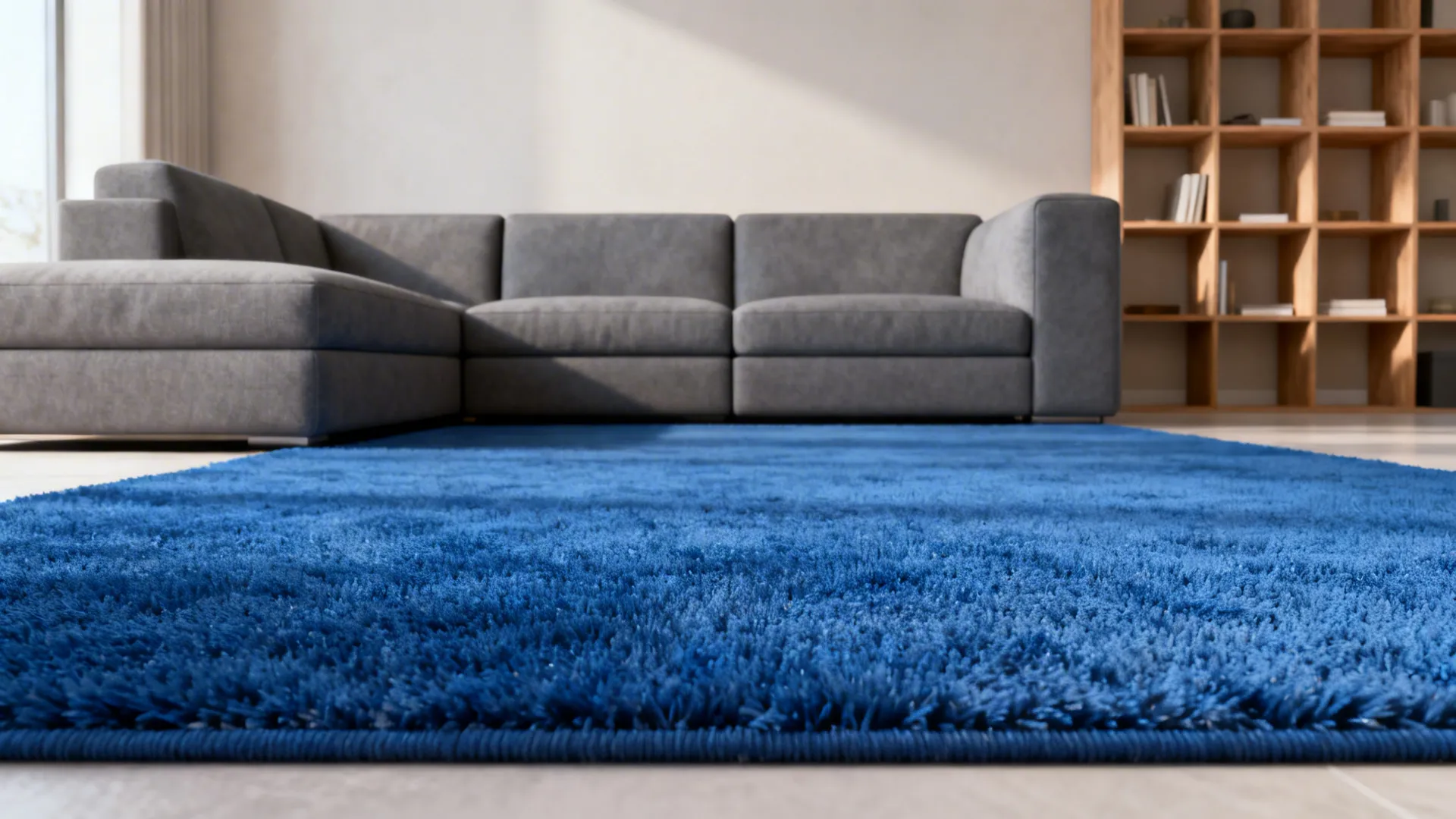 1. Anchor a neutral palette with a solid royal blue rug