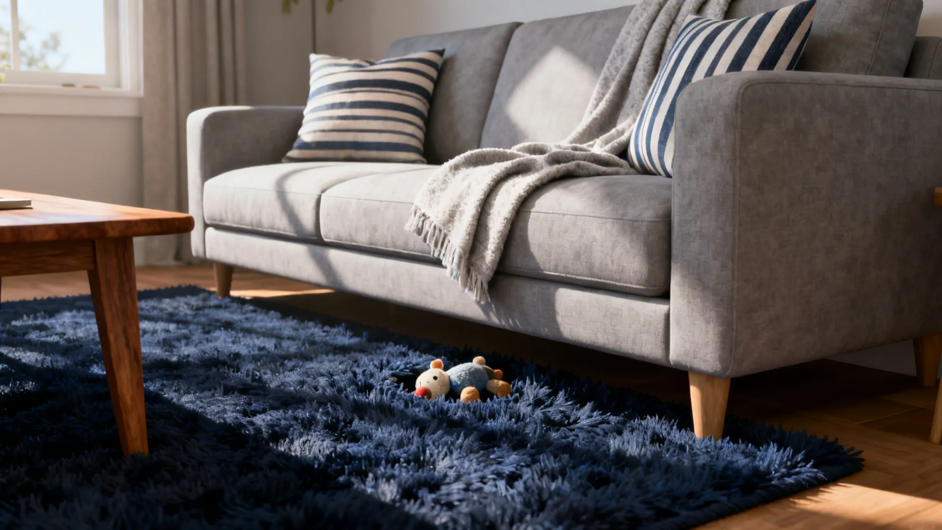 Modern living room featuring grey sofa with striped pillows and a soft navy blue rug