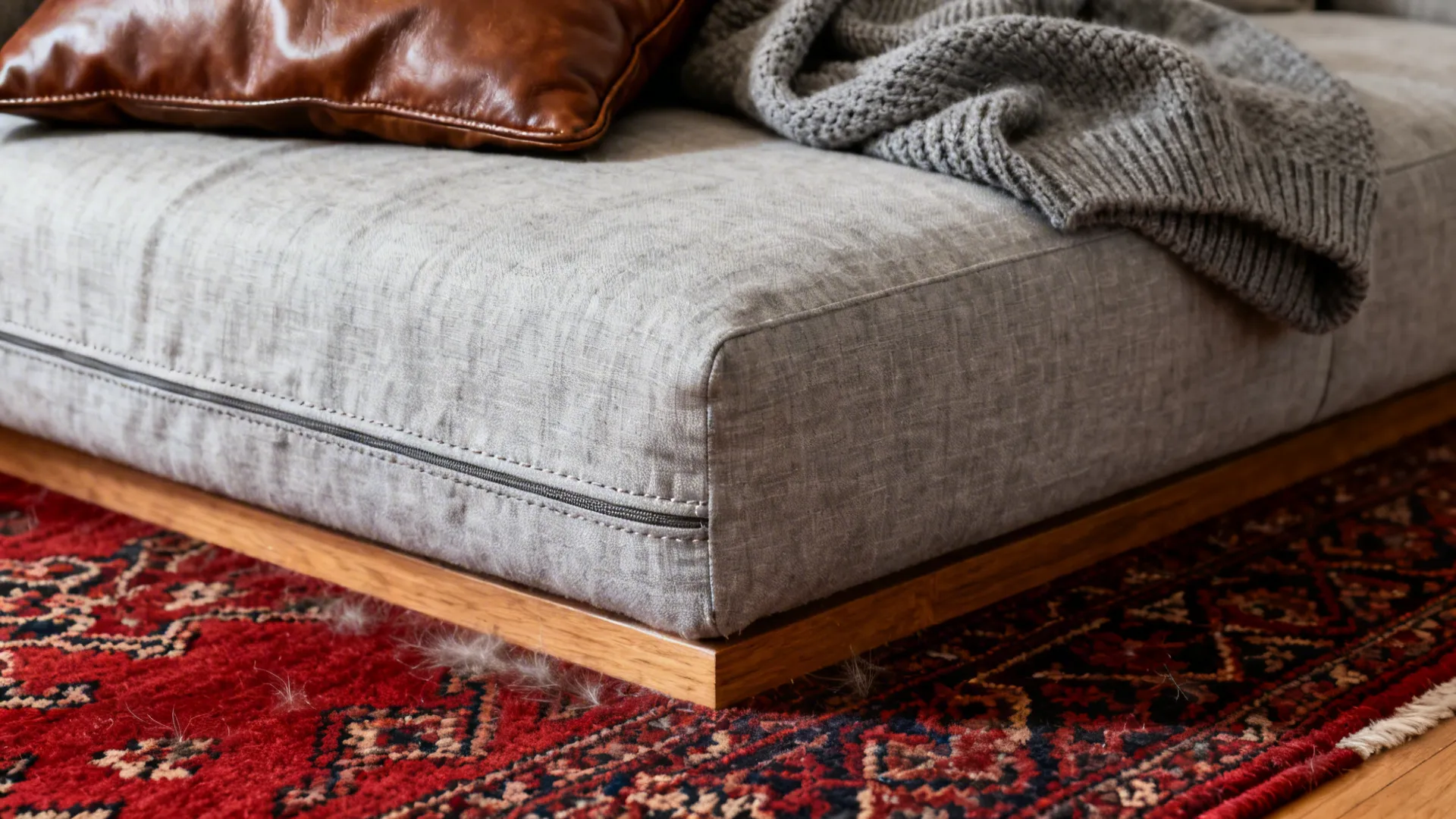 Grey fabric sofa with leather pillow and knit blanket on a red patterned area rug