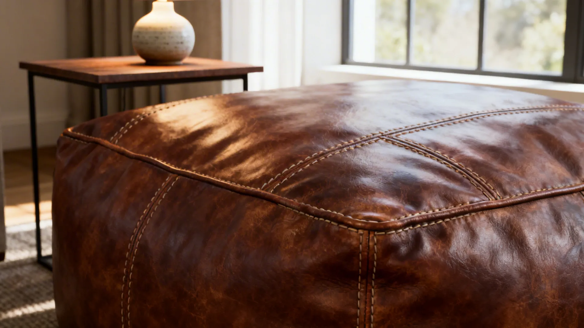Close-up of a large leather ottoman anchoring the seating area with a small side table beside it.