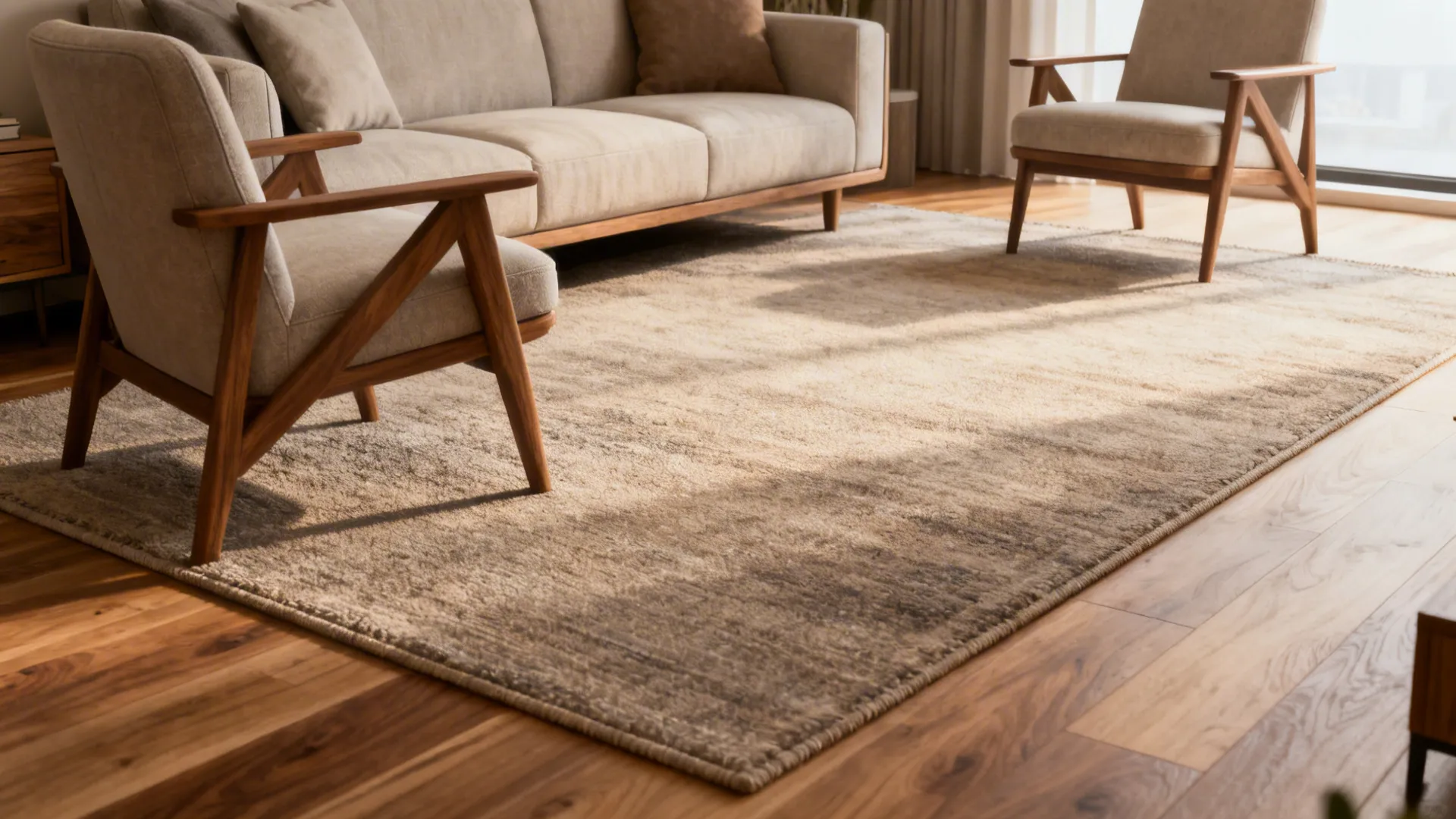 Seating area unified by an oversized rug with furniture legs partially on the rug