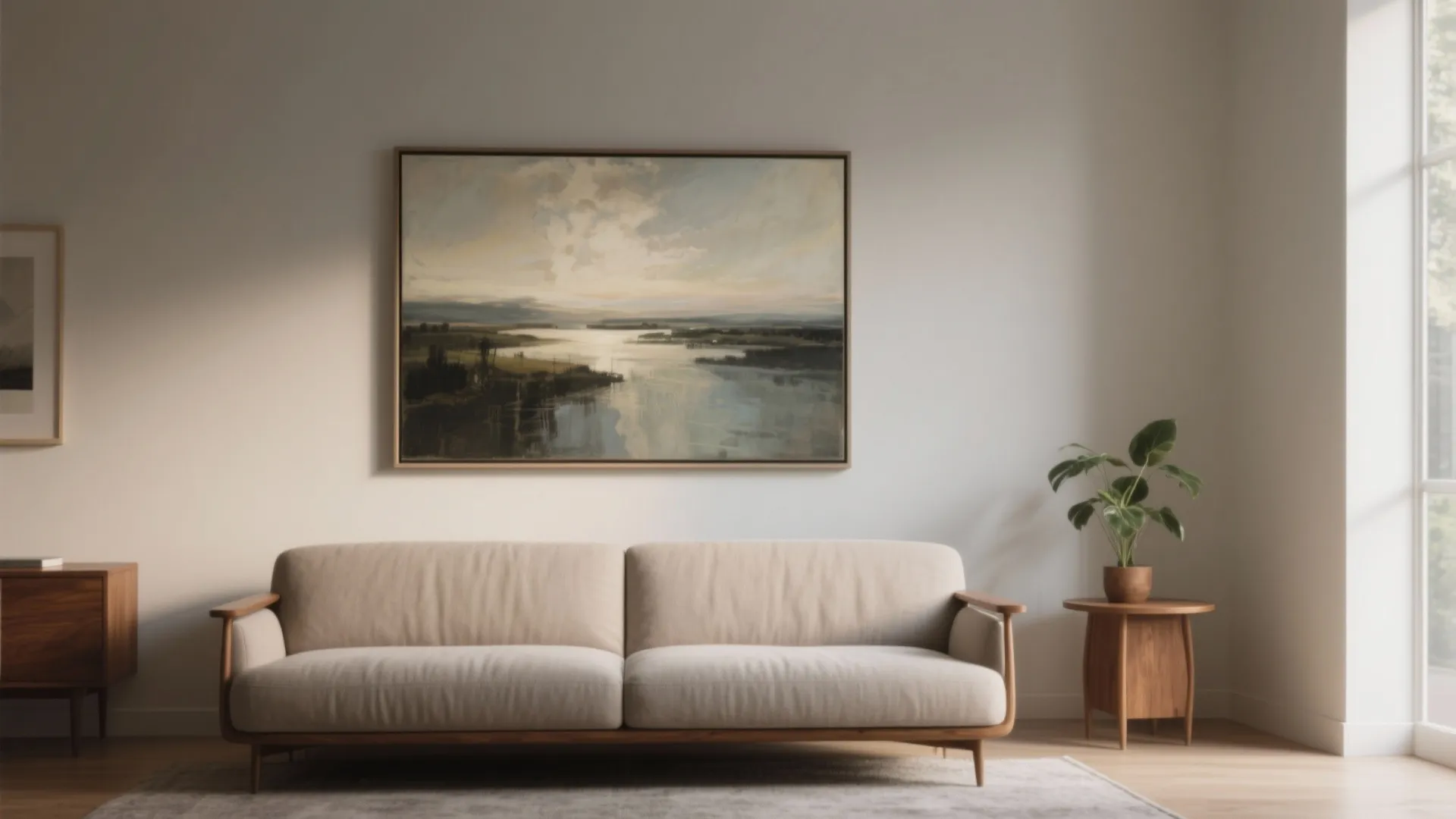 Sofa with a single large painting above it, showing correct scale and calm negative space.