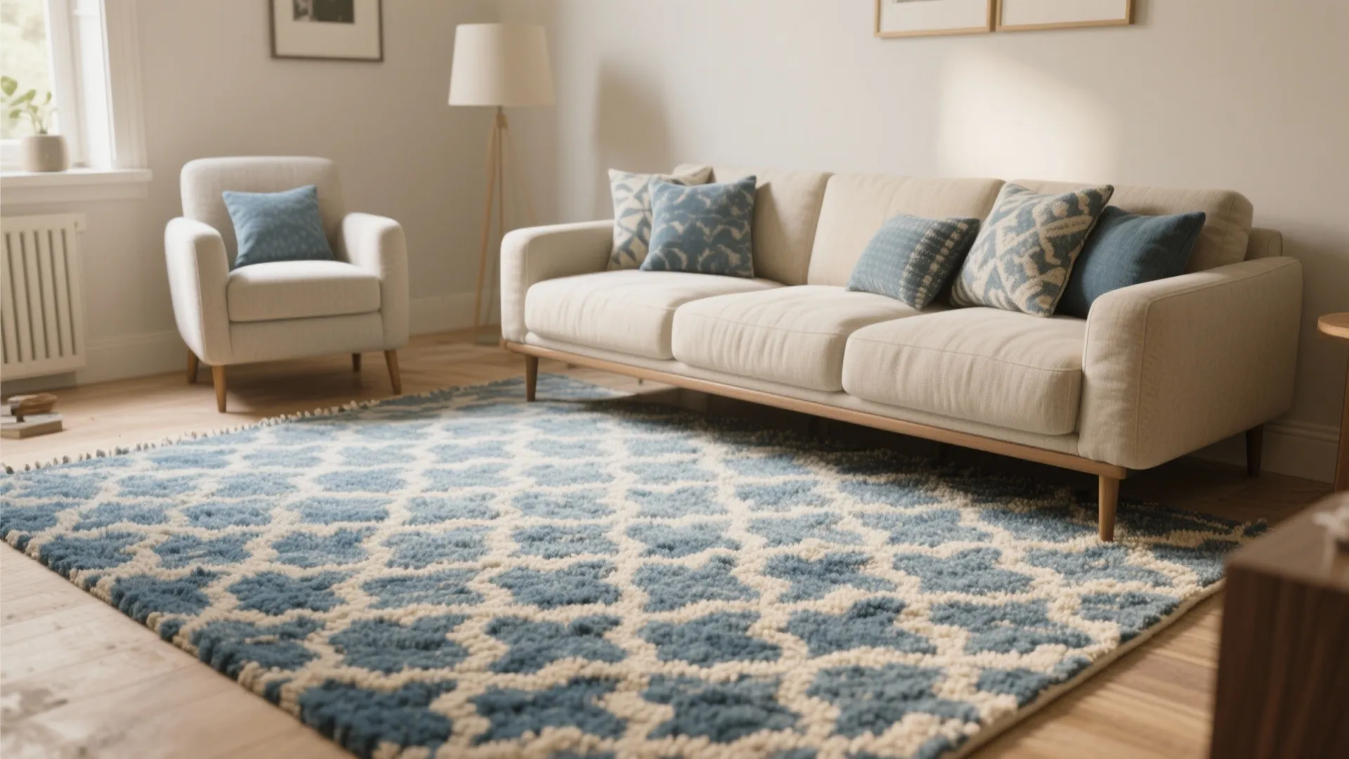 Patterned navy and cream rug anchoring a small living room seating area with coordinating pillows.